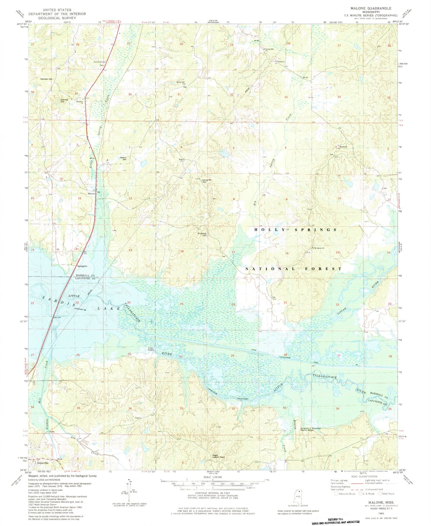 Classic USGS Malone Mississippi 7.5'x7.5' Topo Map Image