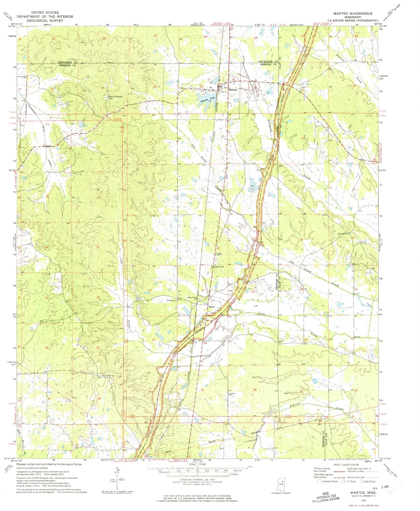 Classic USGS Mantee Mississippi 7.5'x7.5' Topo Map Image