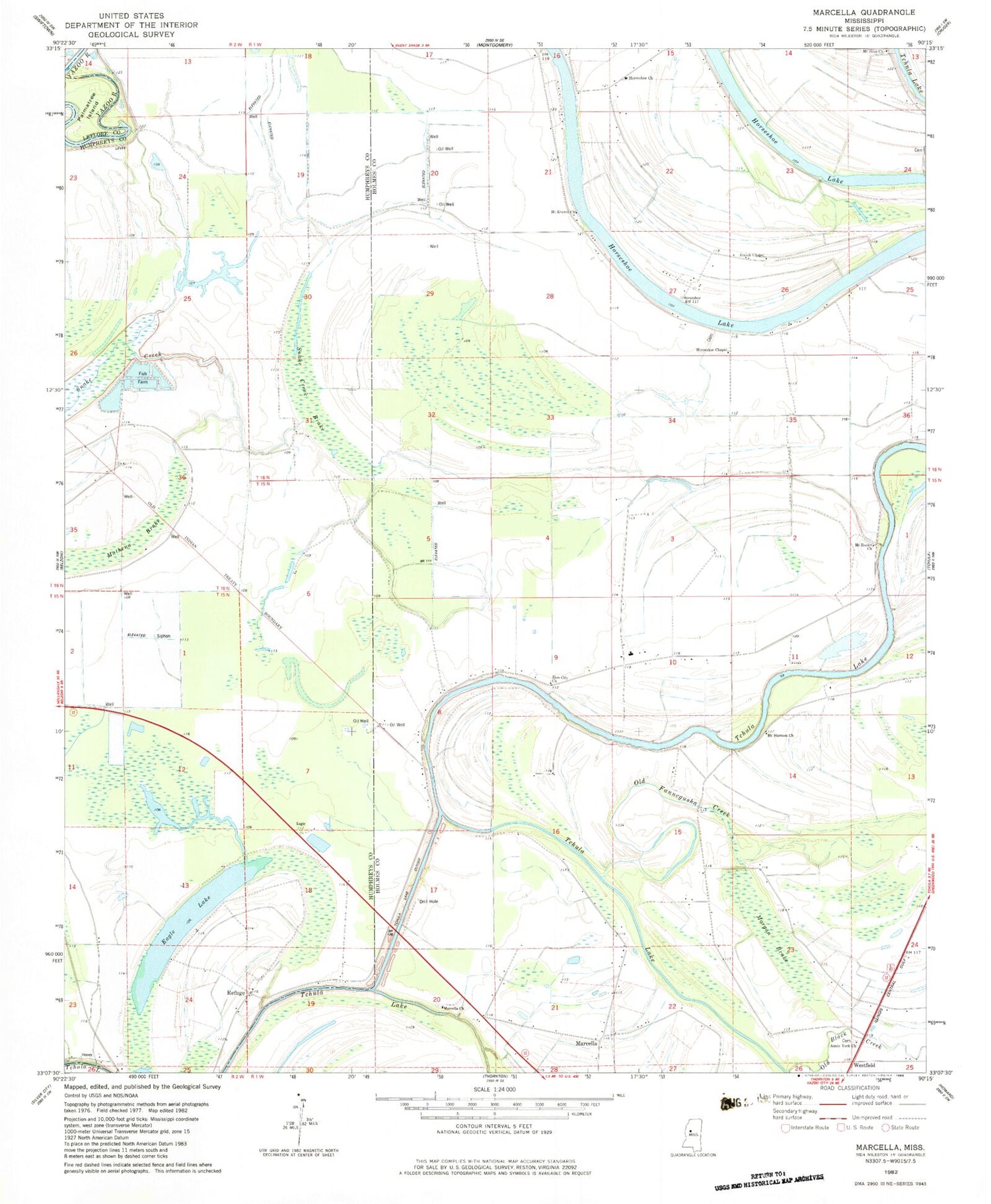 Classic USGS Marcella Mississippi 7.5'x7.5' Topo Map Image