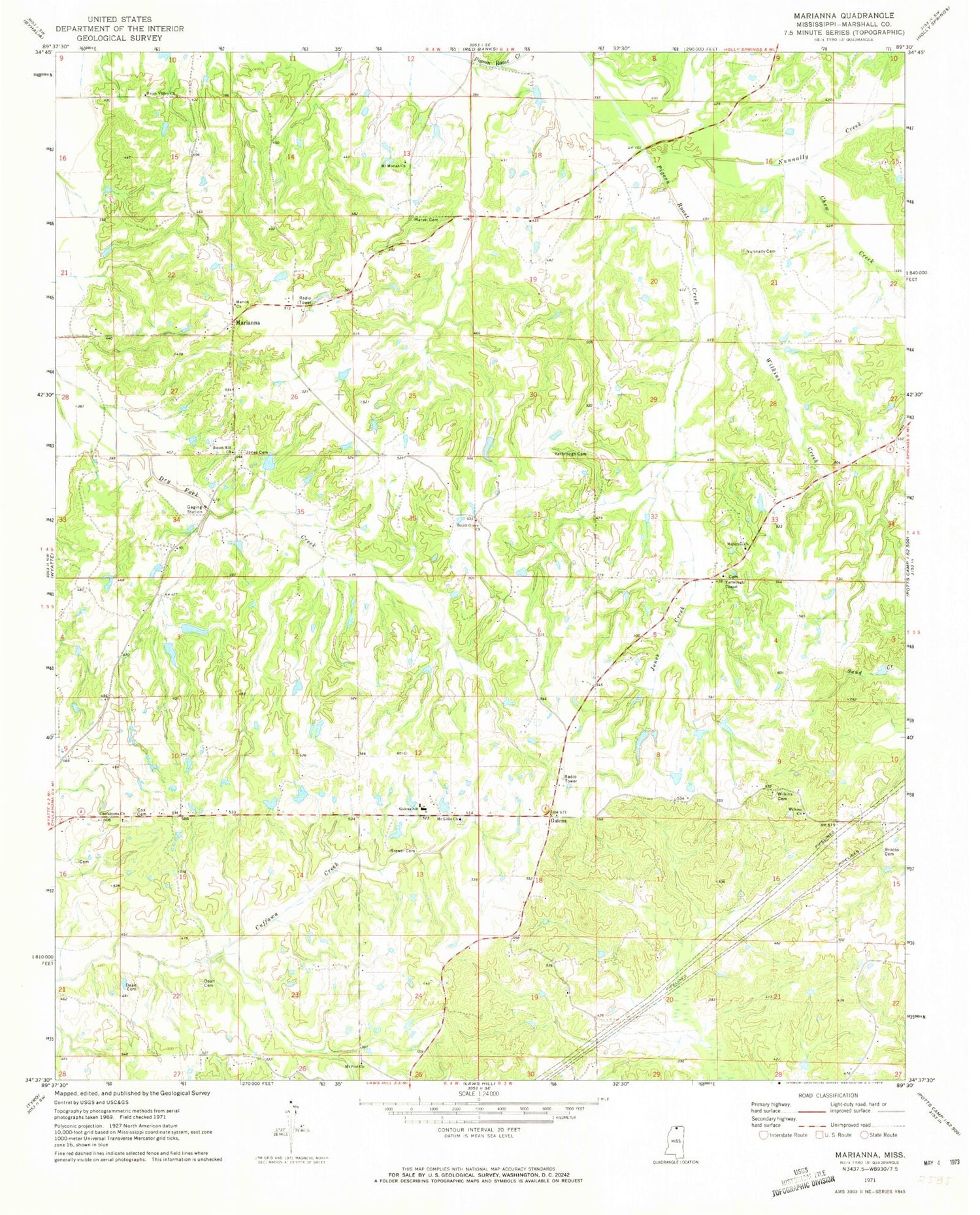 Classic USGS Marianna Mississippi 7.5'x7.5' Topo Map Image