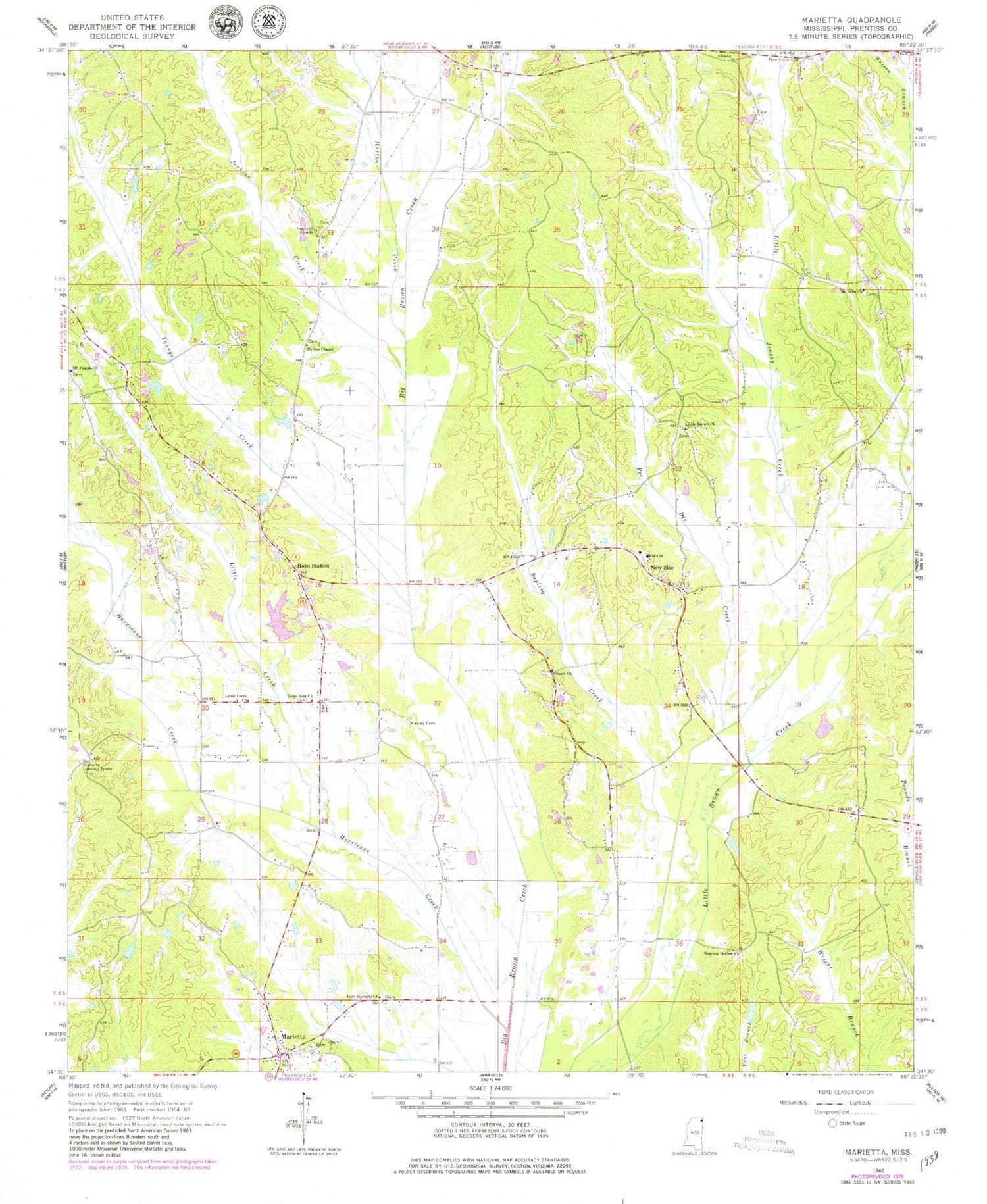 Classic USGS Marietta Mississippi 7.5'x7.5' Topo Map Image
