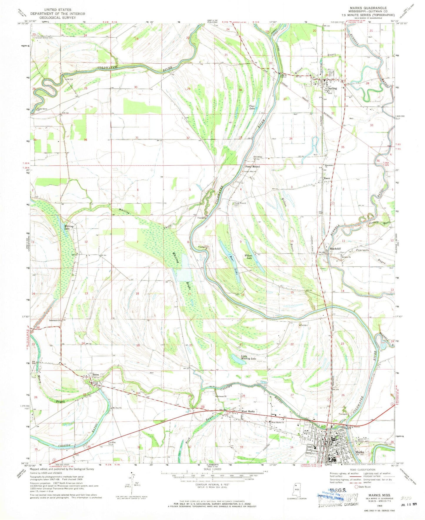Classic USGS Marks Mississippi 7.5'x7.5' Topo Map Image