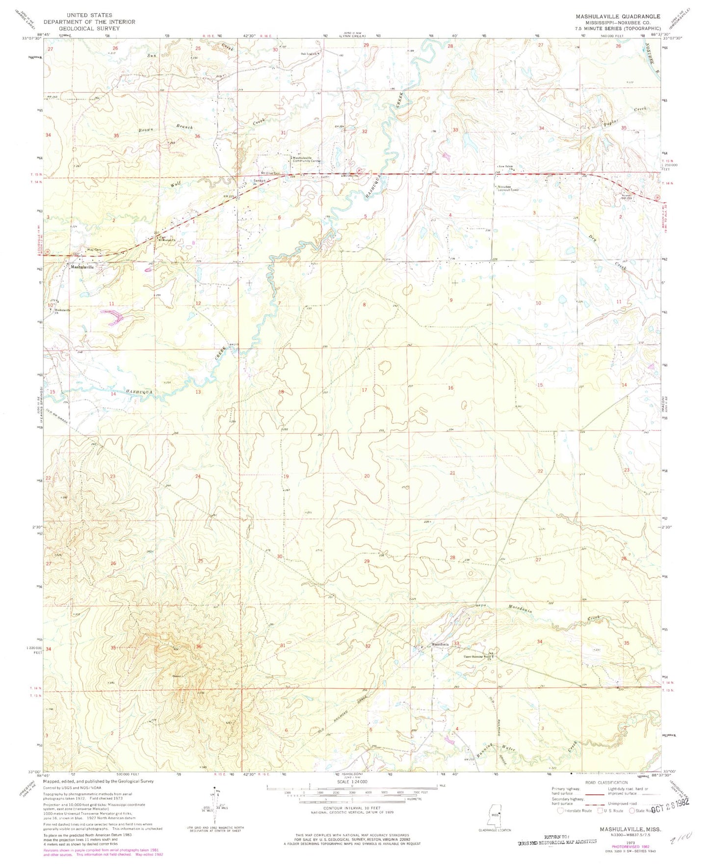 Classic USGS Mashulaville Mississippi 7.5'x7.5' Topo Map Image