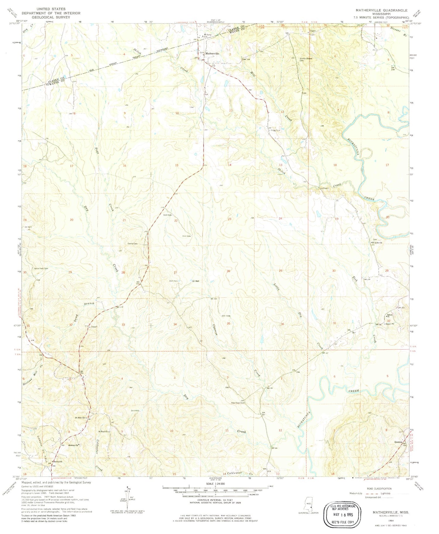 Classic USGS Matherville Mississippi 7.5'x7.5' Topo Map Image