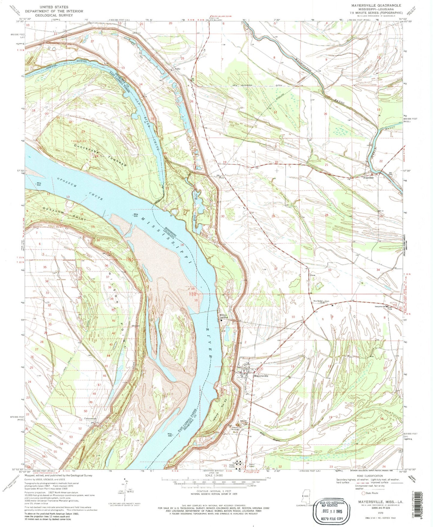 Classic USGS Mayersville Mississippi 7.5'x7.5' Topo Map Image