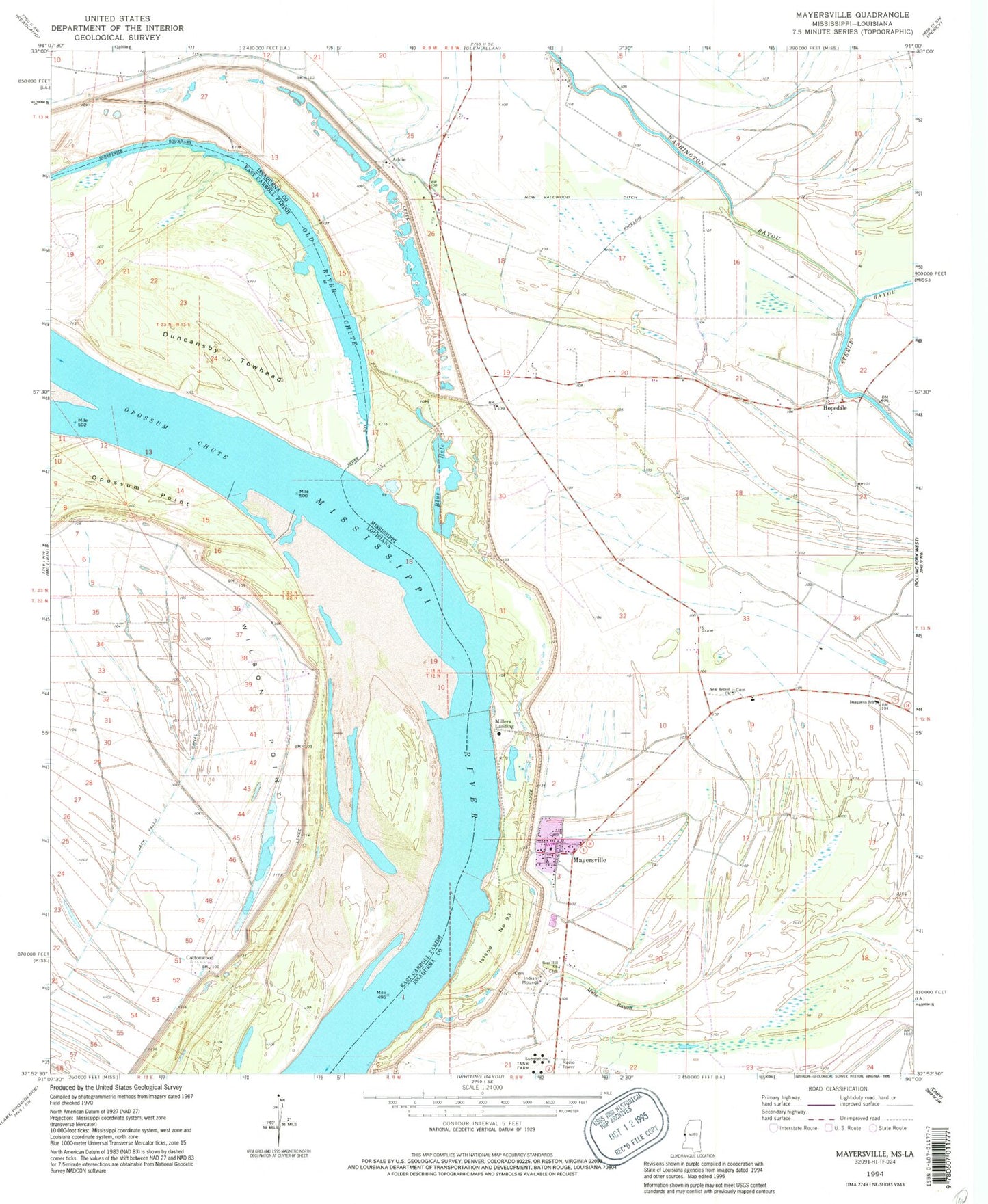 Classic USGS Mayersville Mississippi 7.5'x7.5' Topo Map Image