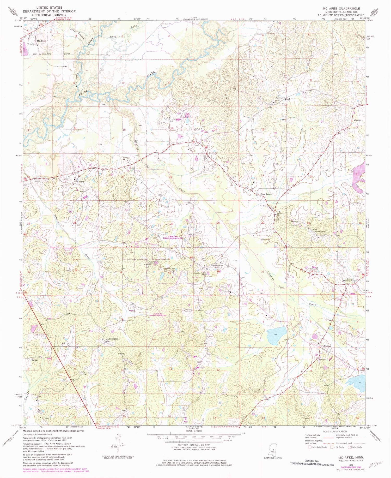 Classic USGS McAfee Mississippi 7.5'x7.5' Topo Map Image