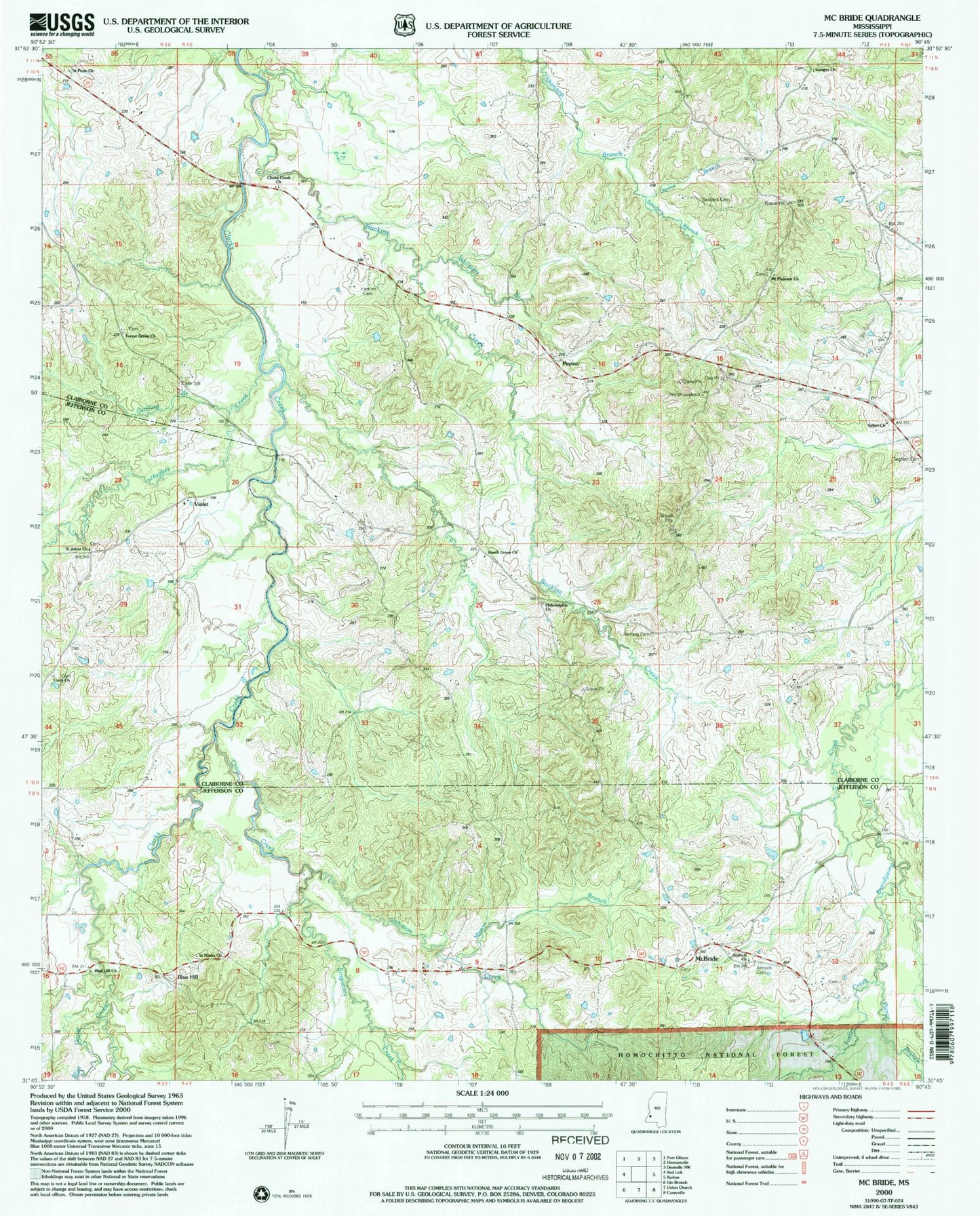 Classic USGS McBride Mississippi 7.5'x7.5' Topo Map Image