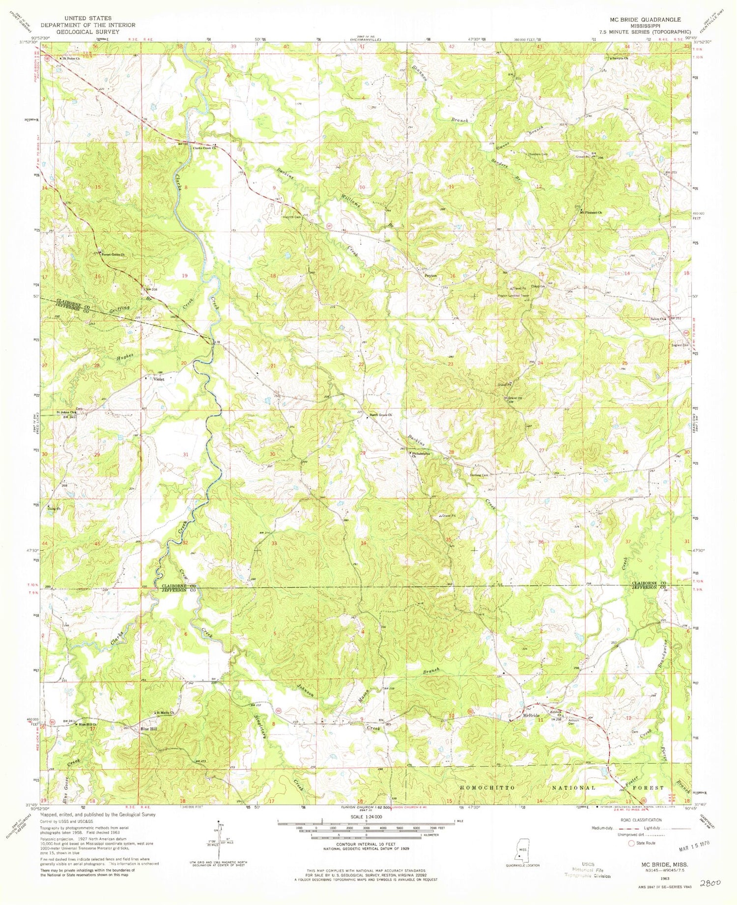 Classic USGS McBride Mississippi 7.5'x7.5' Topo Map Image