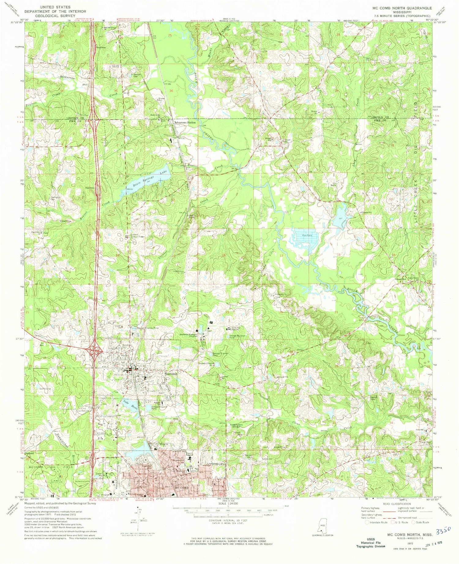 Classic USGS McComb North Mississippi 7.5'x7.5' Topo Map Image