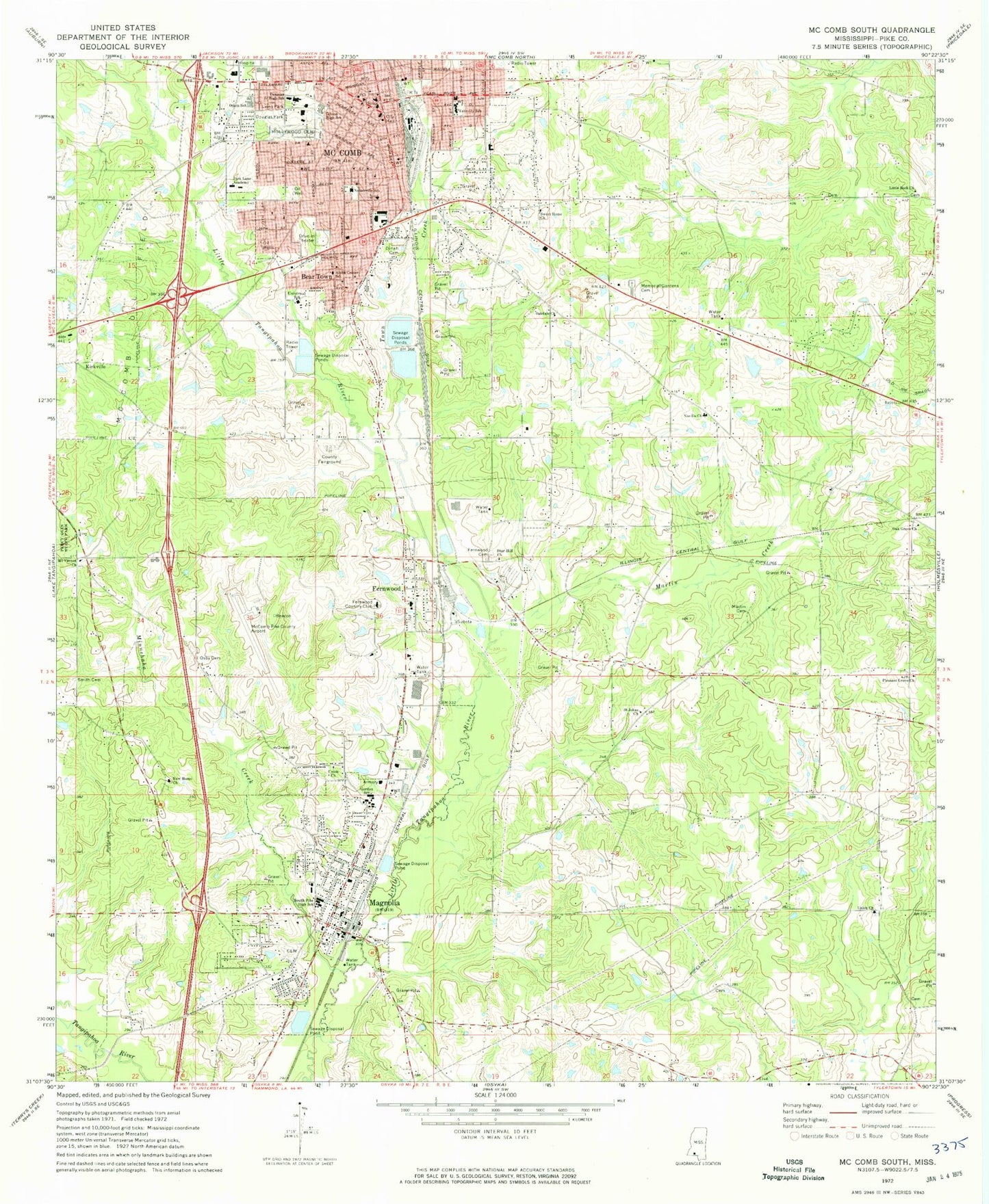 Classic USGS McComb South Mississippi 7.5'x7.5' Topo Map Image