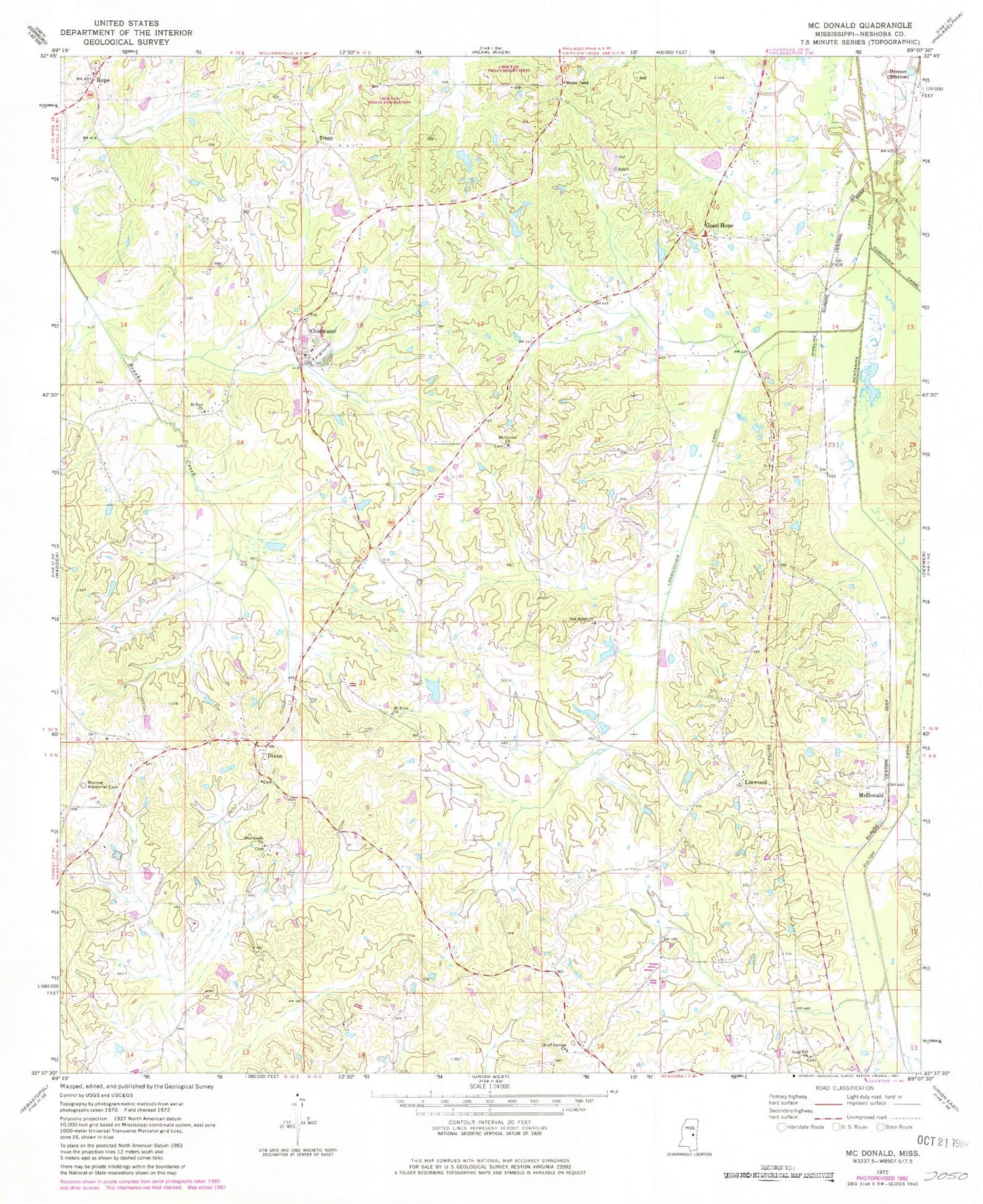 Classic USGS McDonald Mississippi 7.5'x7.5' Topo Map Image