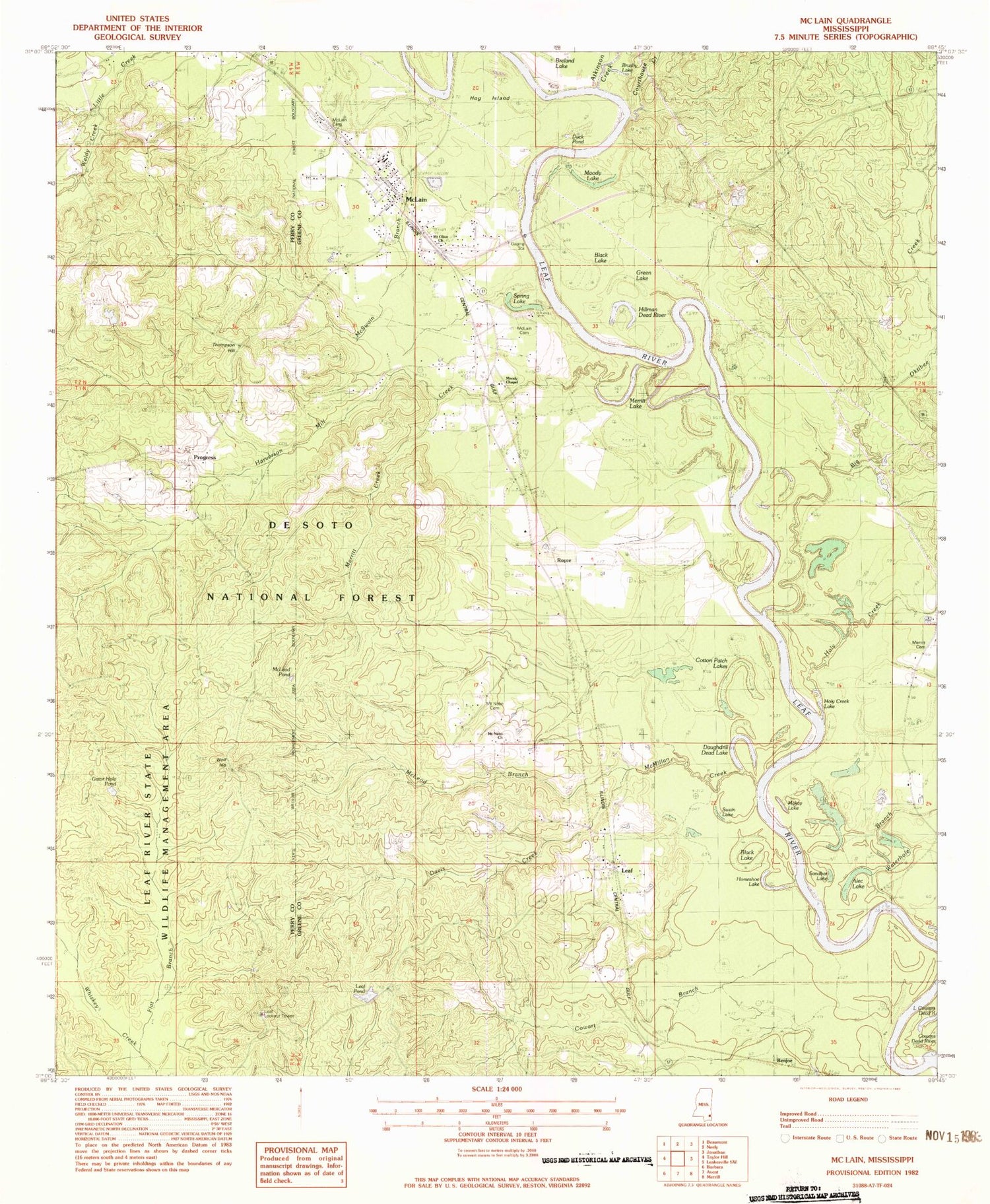 Classic USGS McLain Mississippi 7.5'x7.5' Topo Map Image