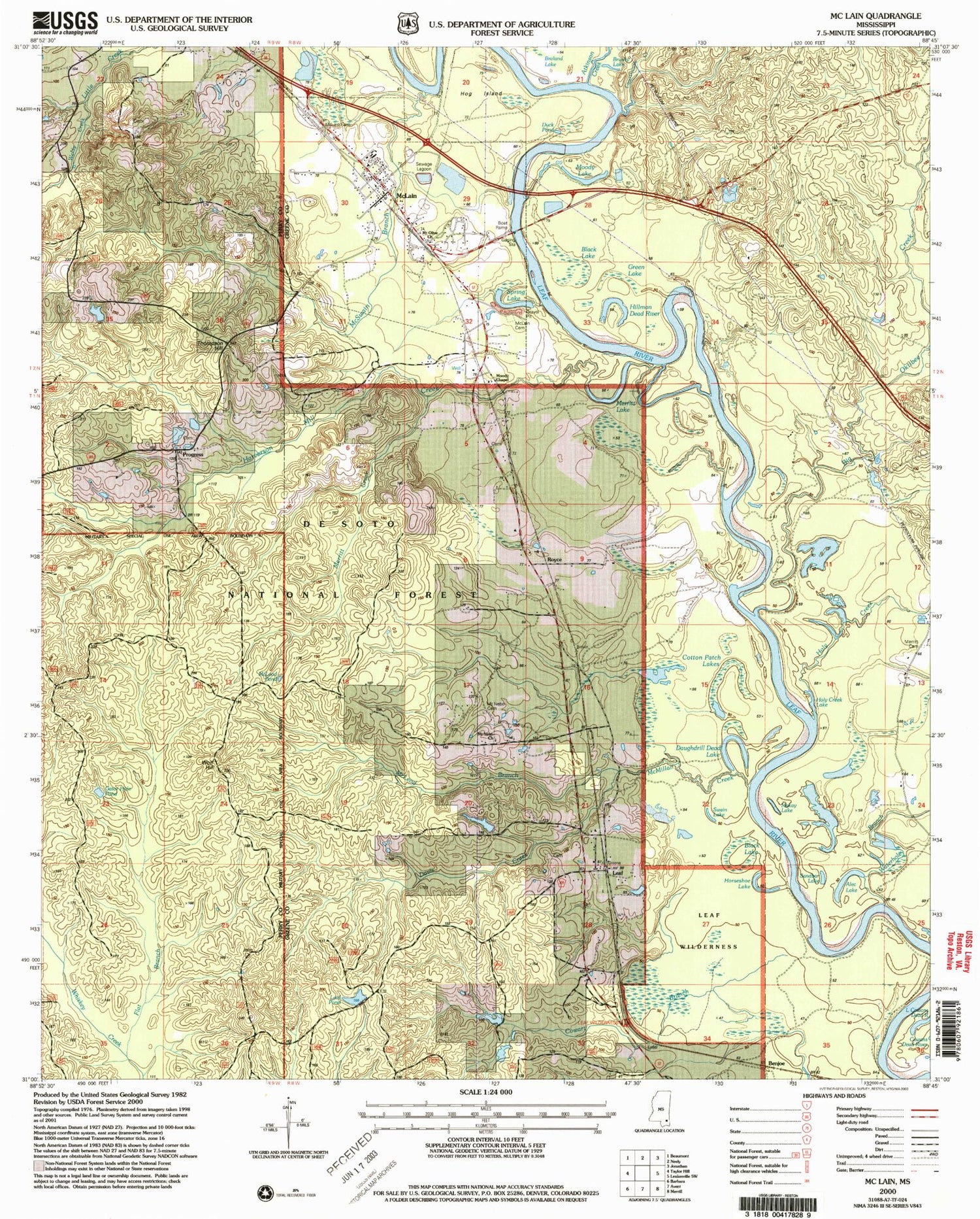 Classic USGS McLain Mississippi 7.5'x7.5' Topo Map Image