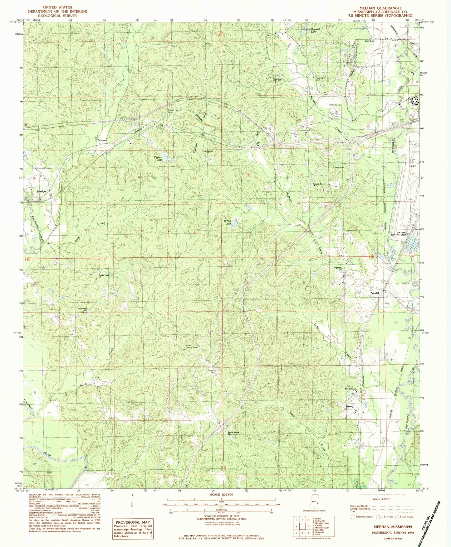 Classic USGS Meehan Mississippi 7.5'x7.5' Topo Map Image