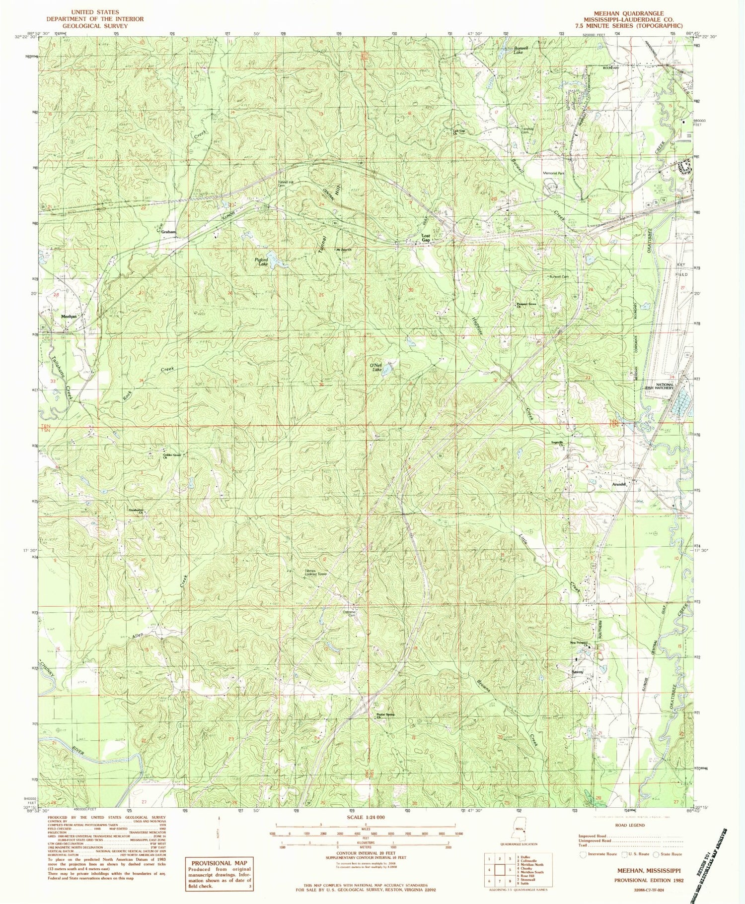 Classic USGS Meehan Mississippi 7.5'x7.5' Topo Map Image