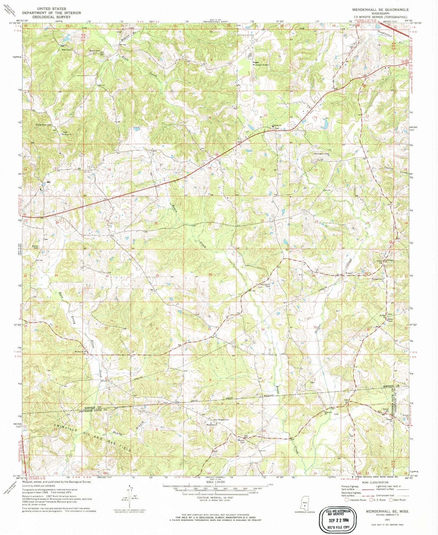 Classic USGS Mendenhall SE Mississippi 7.5'x7.5' Topo Map Image