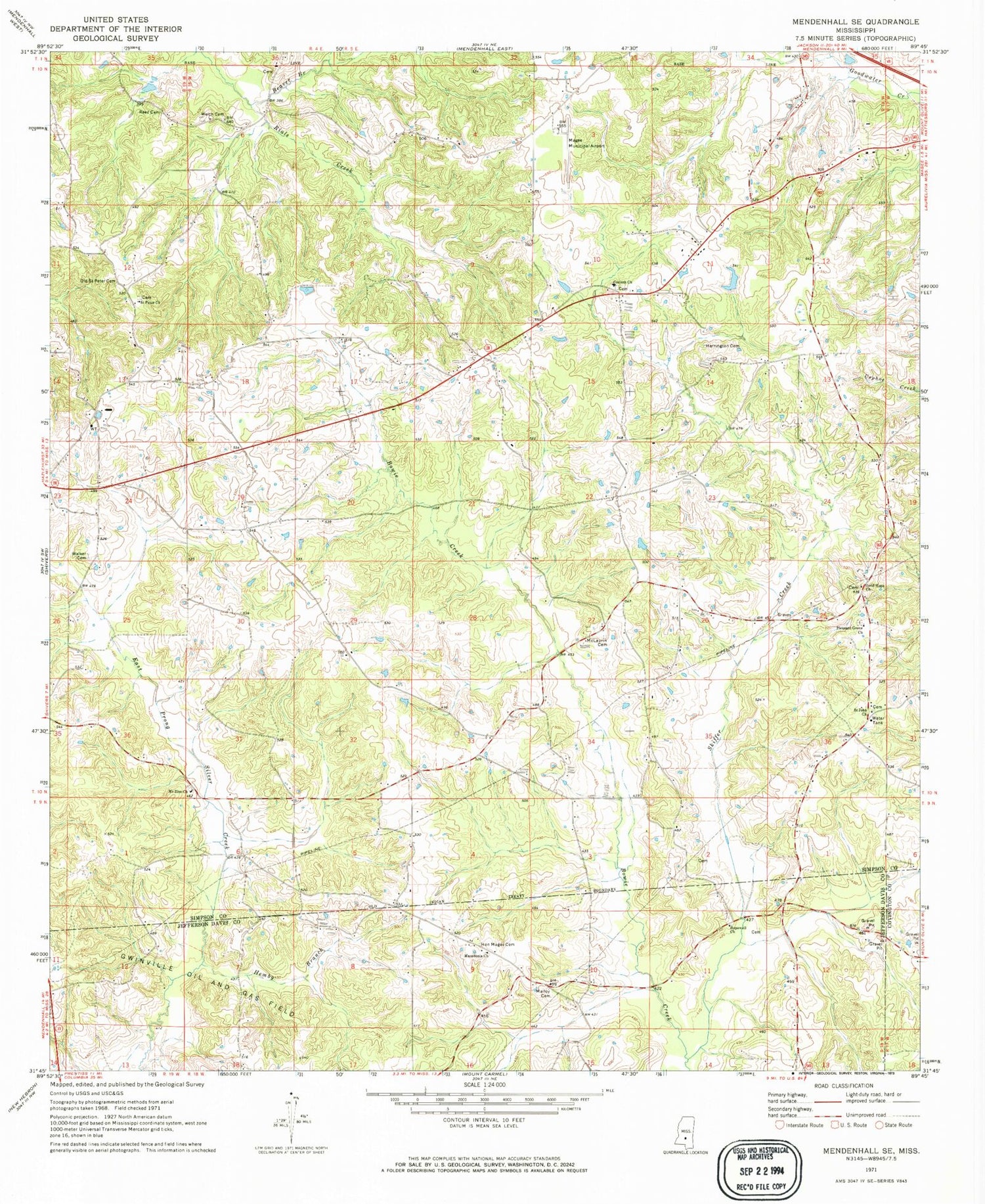 Classic USGS Mendenhall SE Mississippi 7.5'x7.5' Topo Map Image