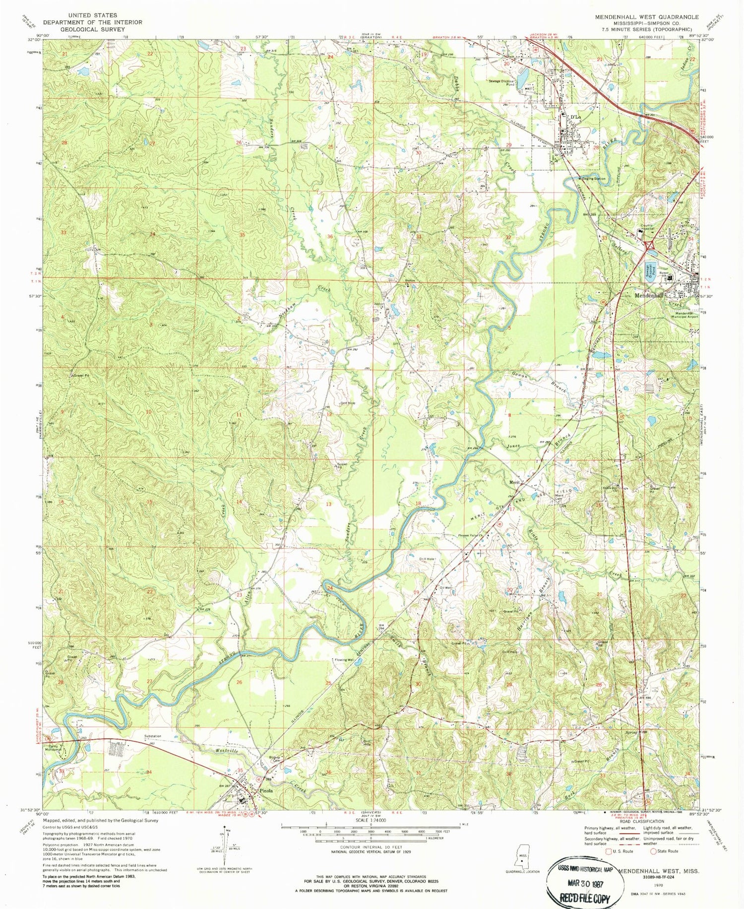 Classic USGS Mendenhall West Mississippi 7.5'x7.5' Topo Map Image