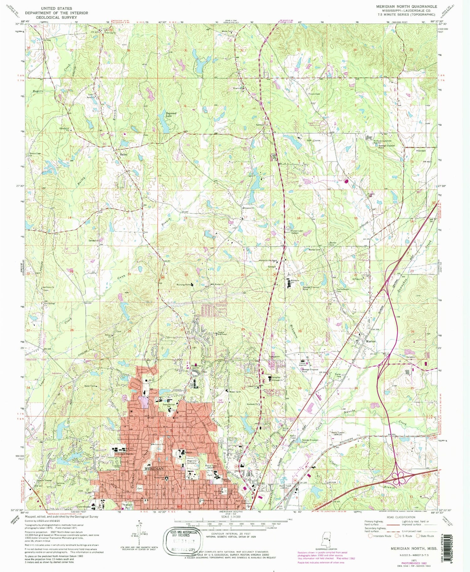 Classic USGS Meridian North Mississippi 7.5'x7.5' Topo Map Image