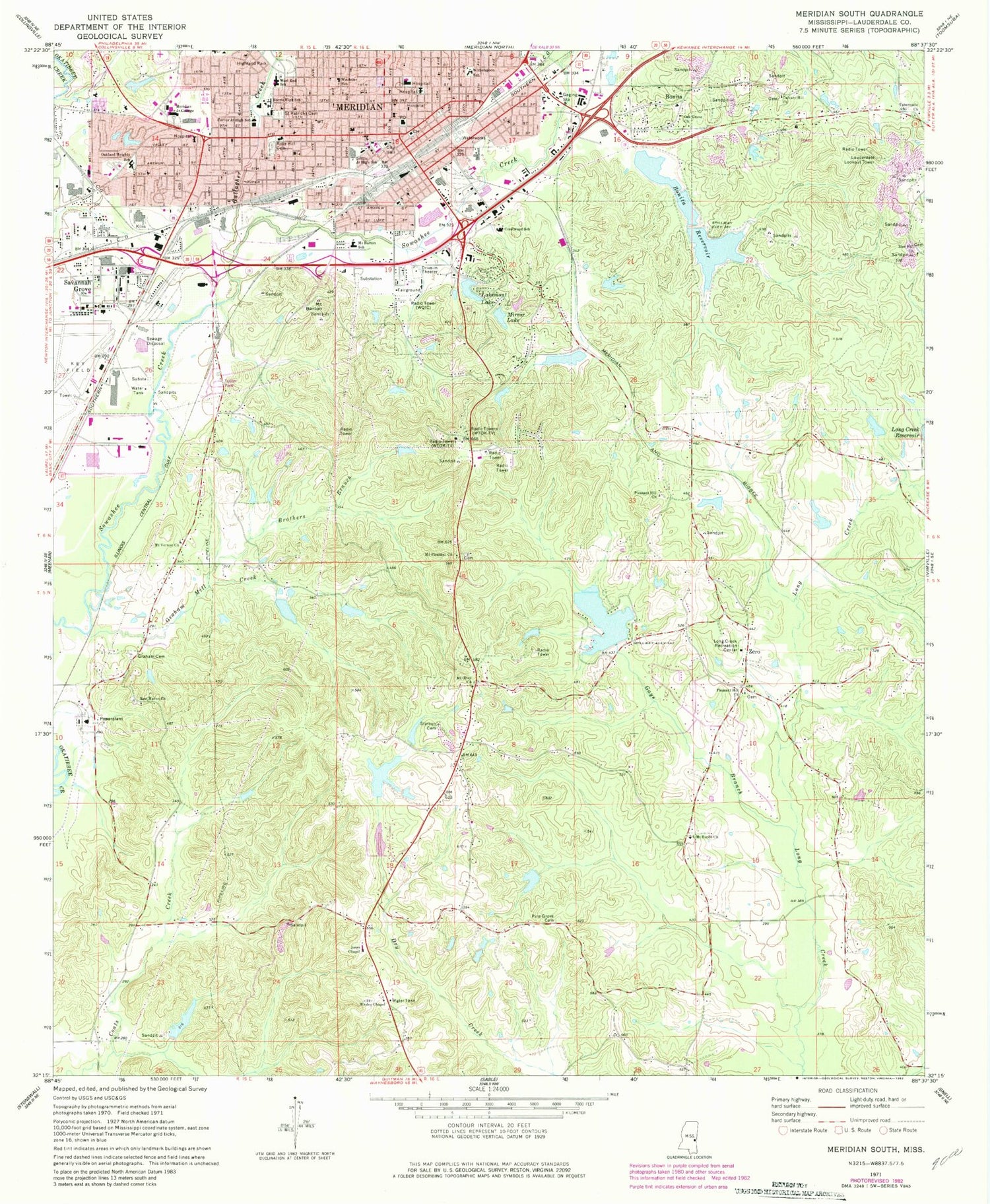 Classic USGS Meridian South Mississippi 7.5'x7.5' Topo Map Image