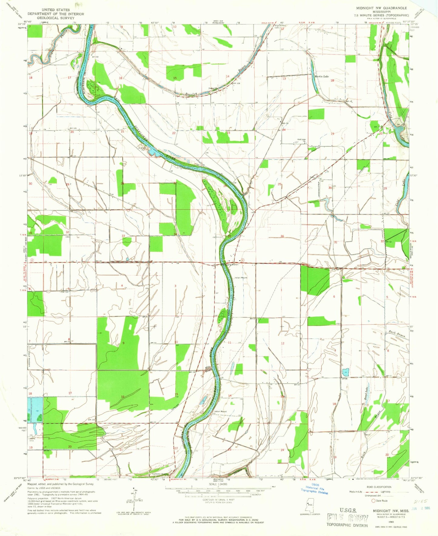 Classic USGS Midnight NW Mississippi 7.5'x7.5' Topo Map Image