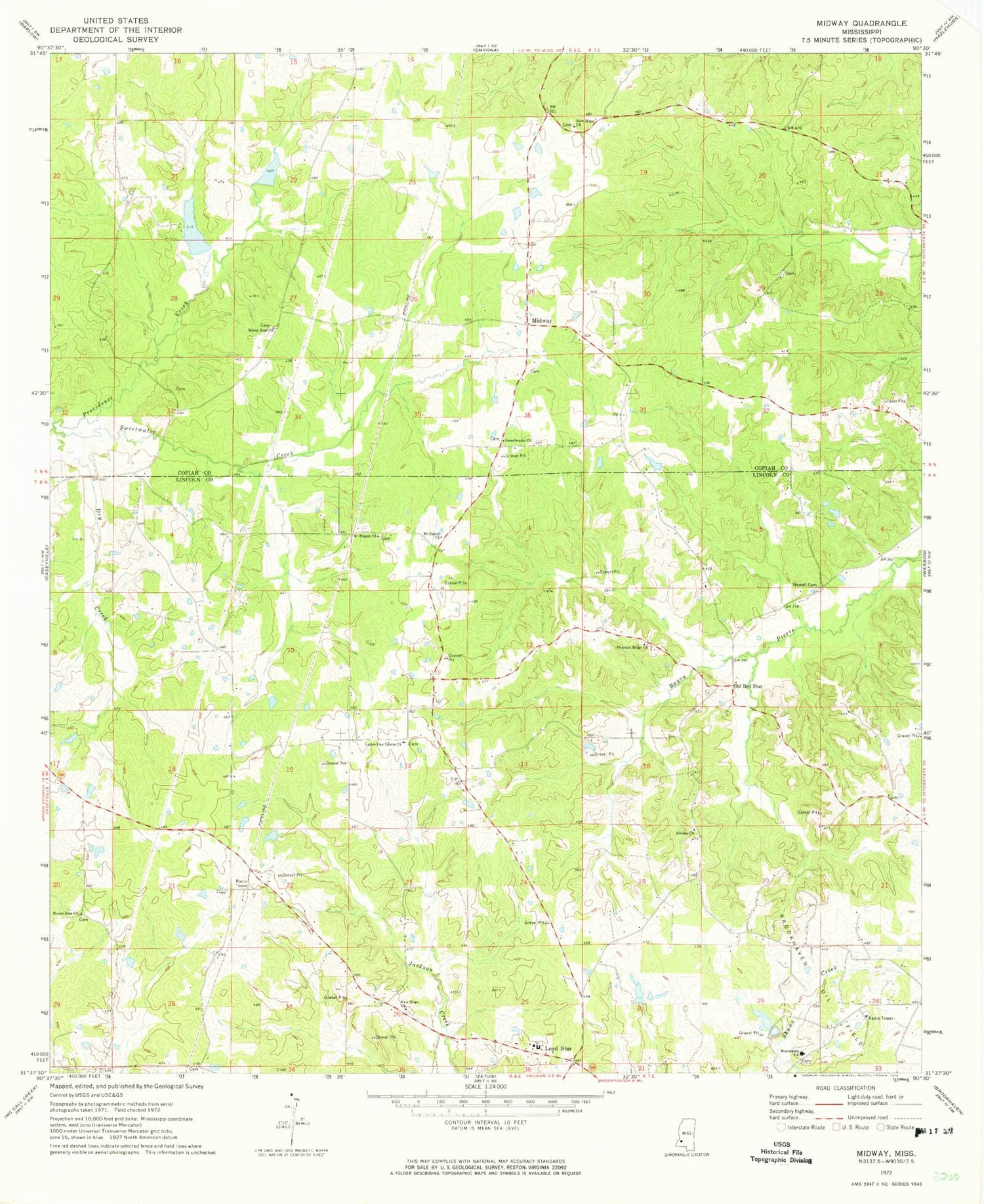 Classic USGS Midway Mississippi 7.5'x7.5' Topo Map Image