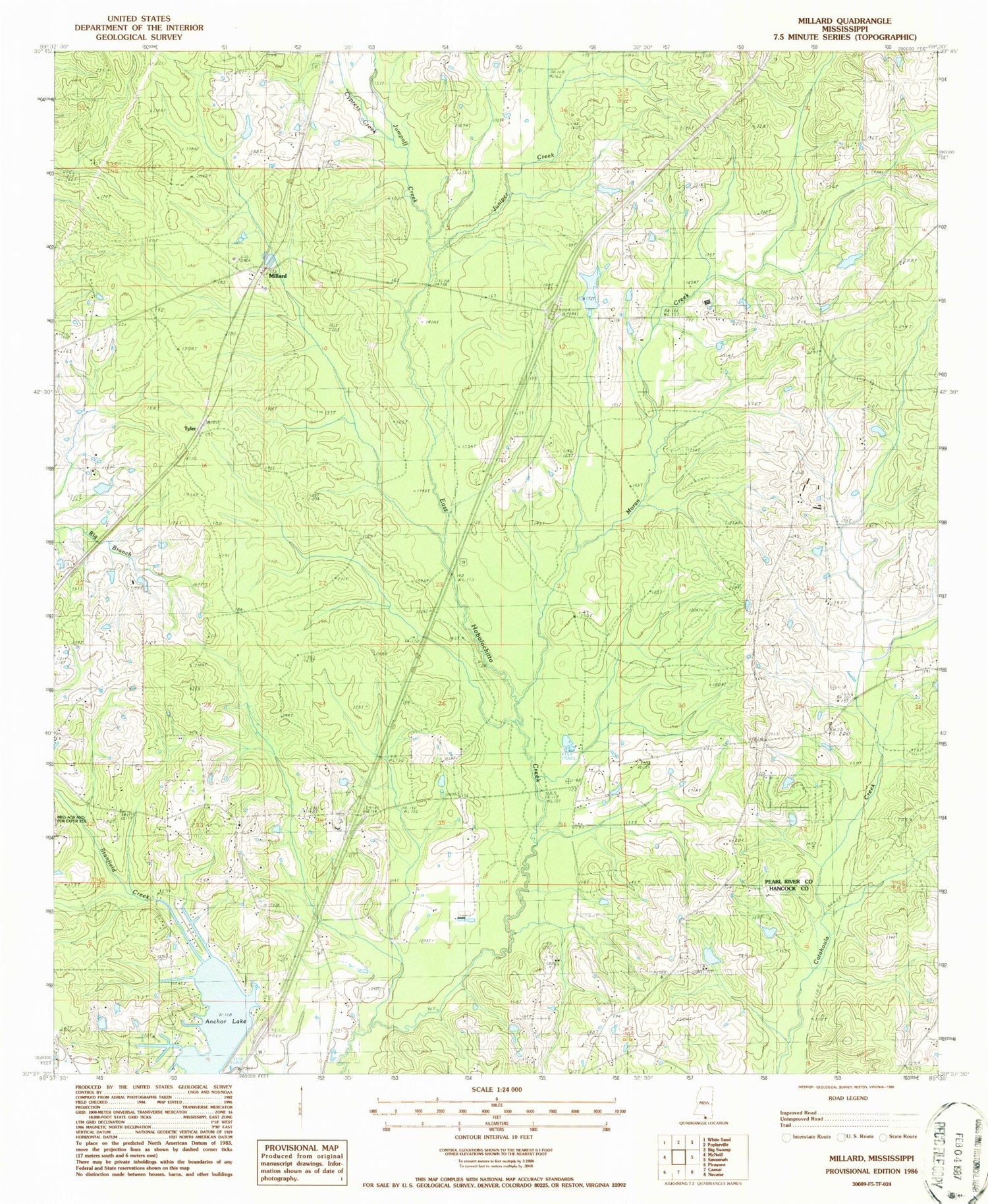 Classic USGS Millard Mississippi 7.5'x7.5' Topo Map Image