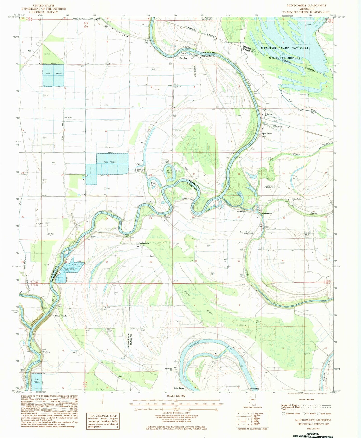Classic USGS Montgomery Mississippi 7.5'x7.5' Topo Map Image