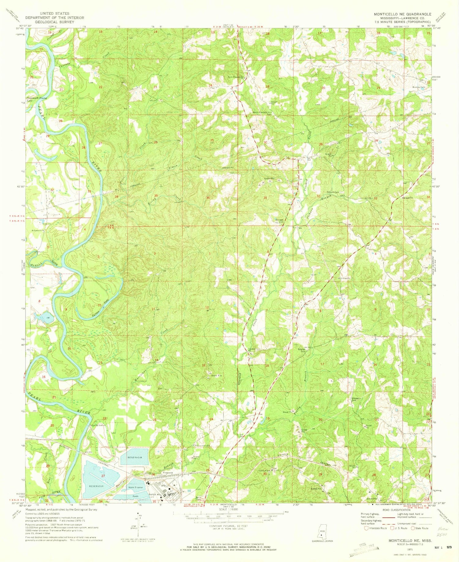 Classic USGS Monticello NE Mississippi 7.5'x7.5' Topo Map Image