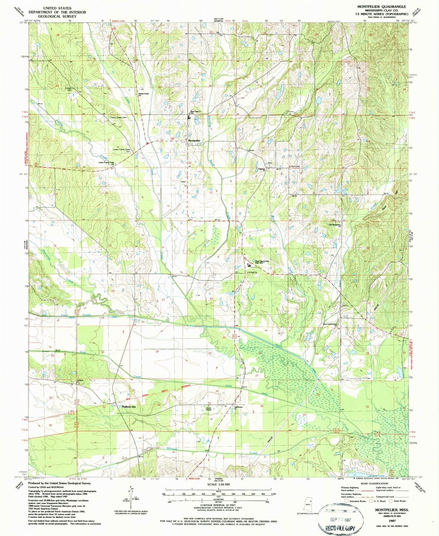 Classic USGS Montpelier Mississippi 7.5'x7.5' Topo Map Image