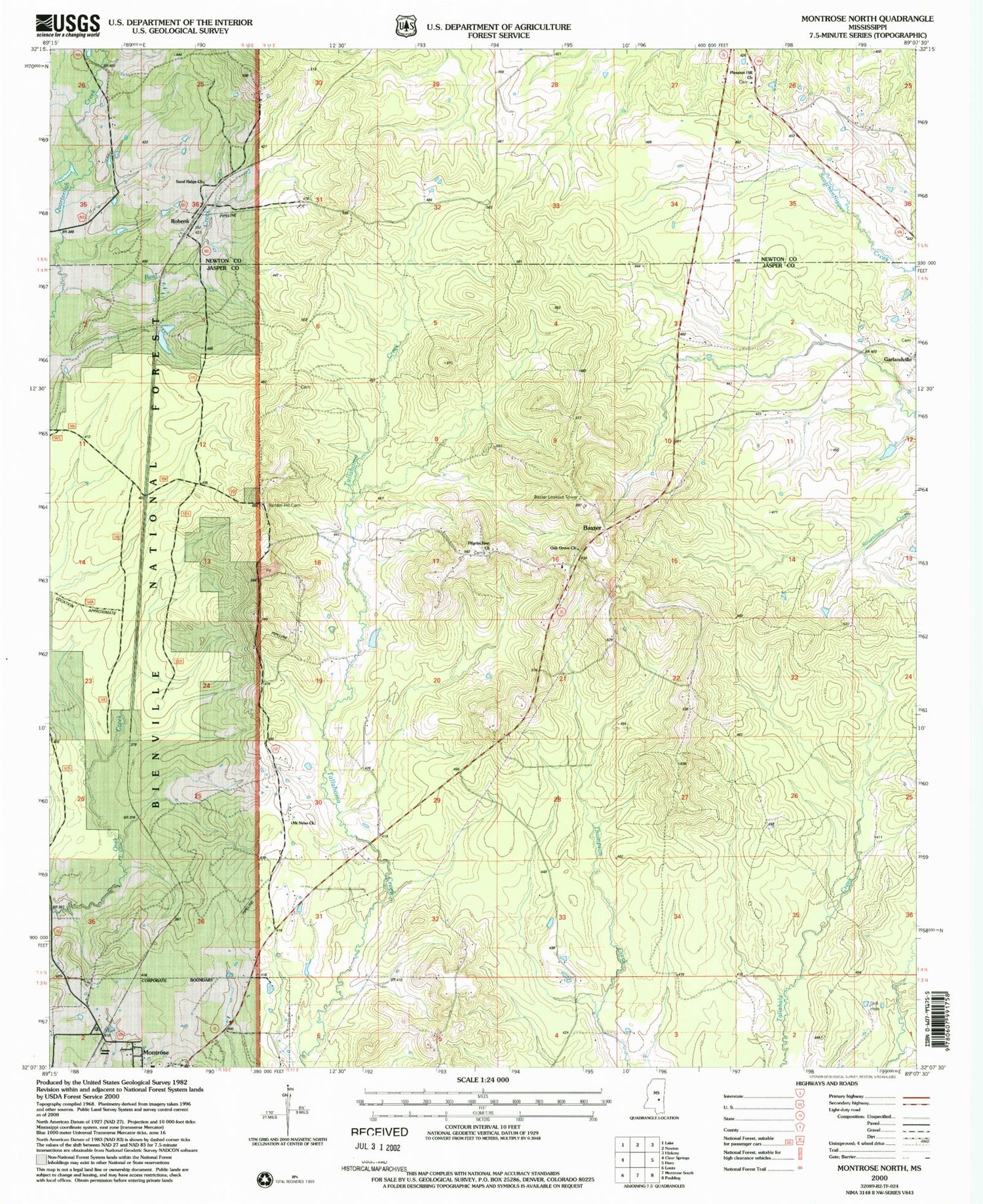 Classic USGS Montrose North Mississippi 7.5'x7.5' Topo Map Image