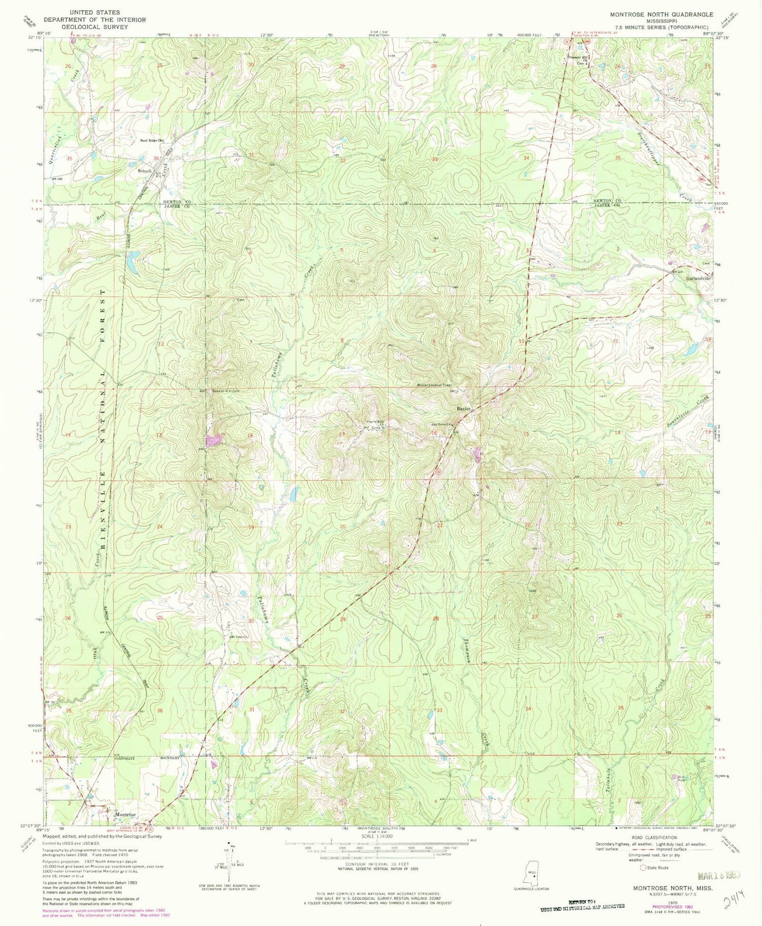 Classic USGS Montrose North Mississippi 7.5'x7.5' Topo Map Image