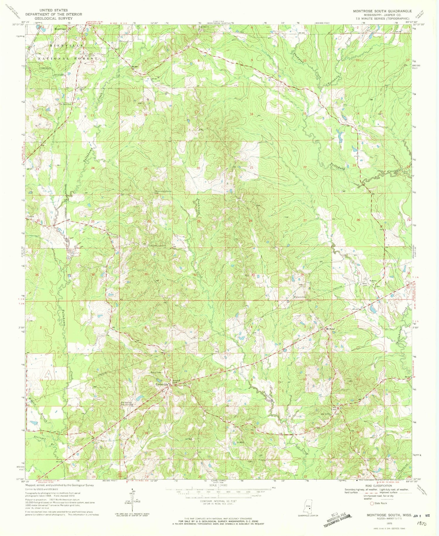 Classic USGS Montrose South Mississippi 7.5'x7.5' Topo Map Image