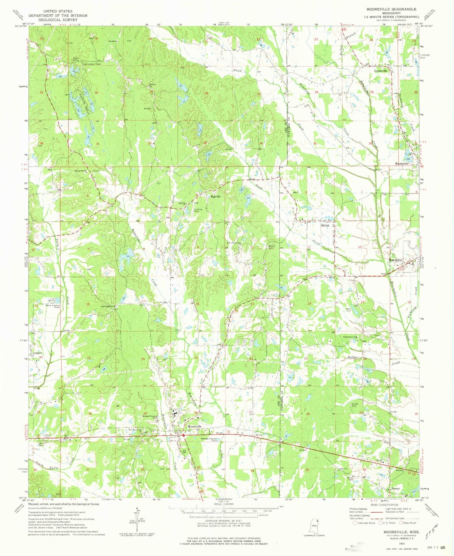 Classic USGS Mooreville Mississippi 7.5'x7.5' Topo Map Image