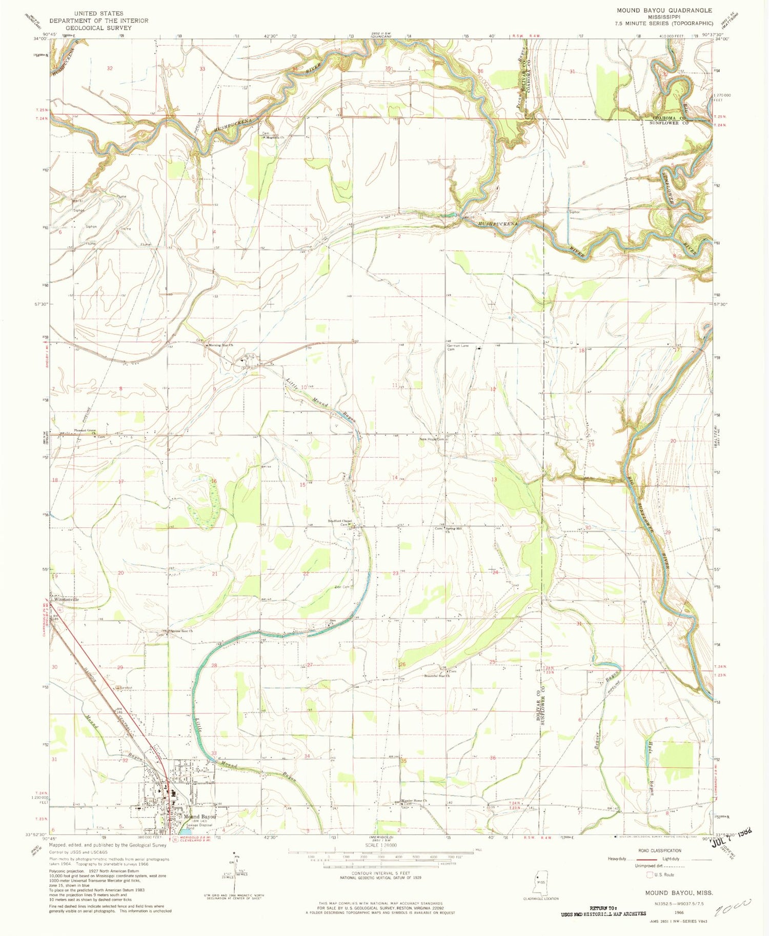Classic USGS Mound Bayou Mississippi 7.5'x7.5' Topo Map Image