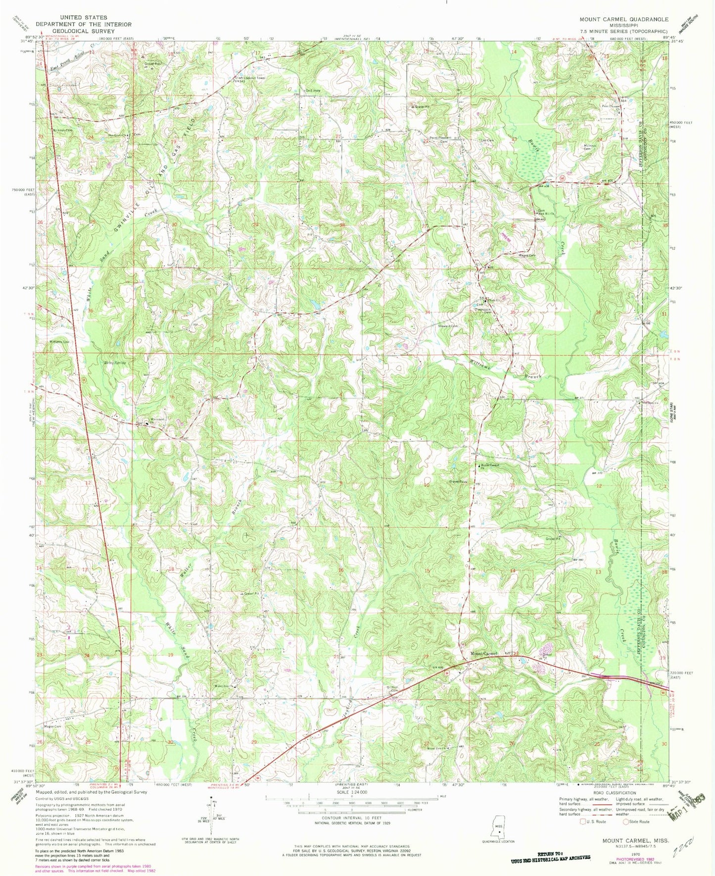 Classic USGS Mount Carmel Mississippi 7.5'x7.5' Topo Map Image
