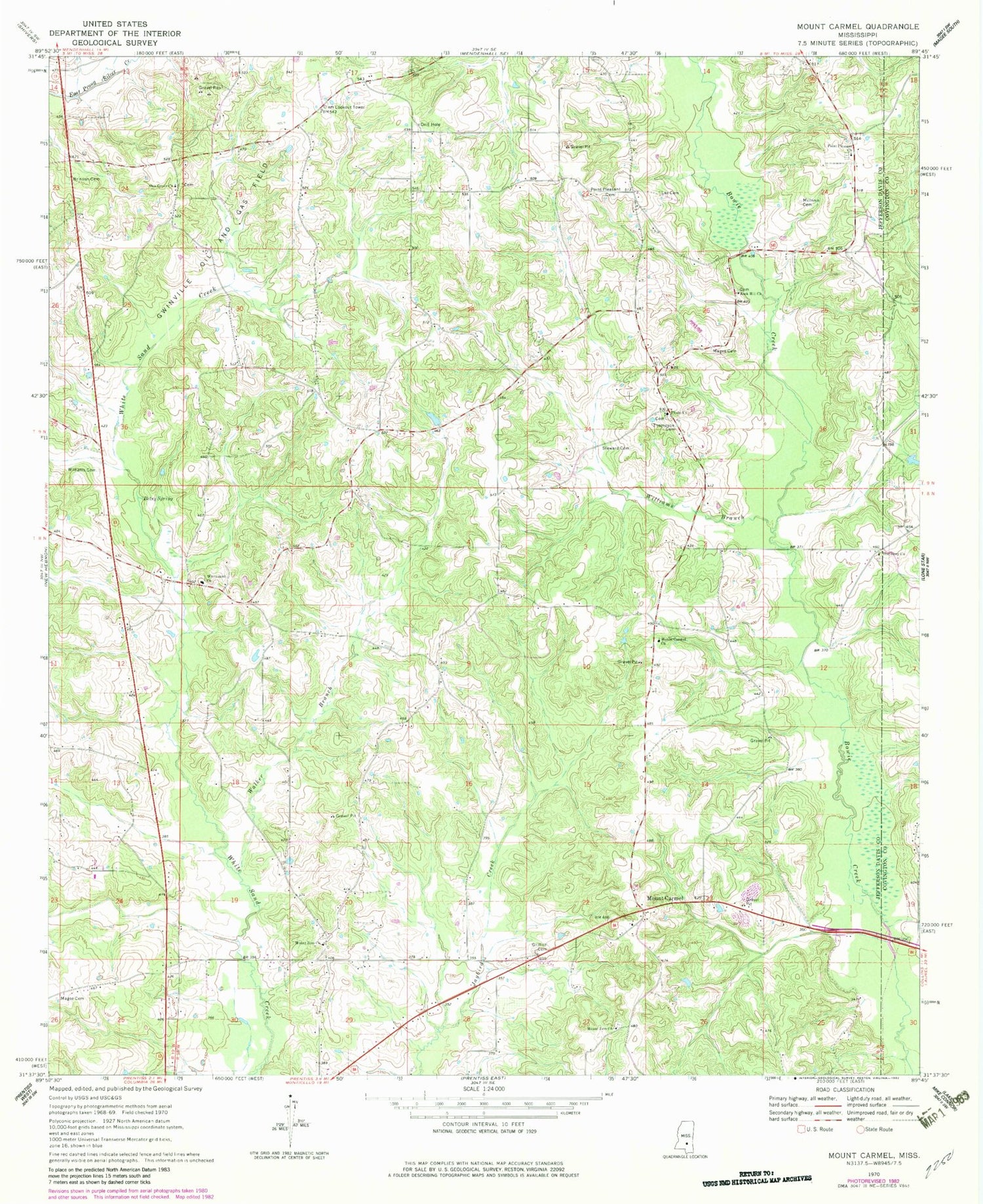 Classic USGS Mount Carmel Mississippi 7.5'x7.5' Topo Map Image