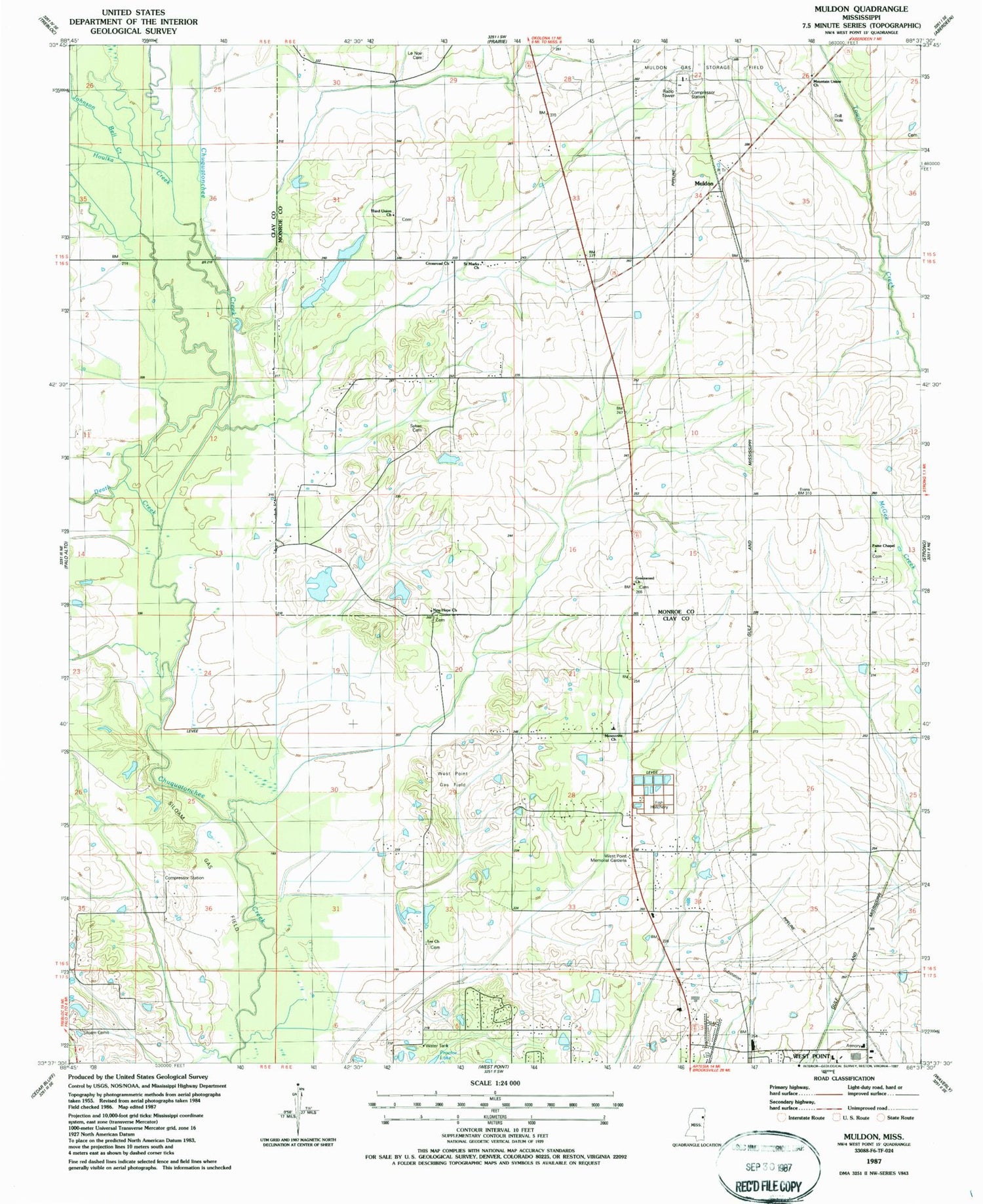 Classic USGS Muldon Mississippi 7.5'x7.5' Topo Map Image