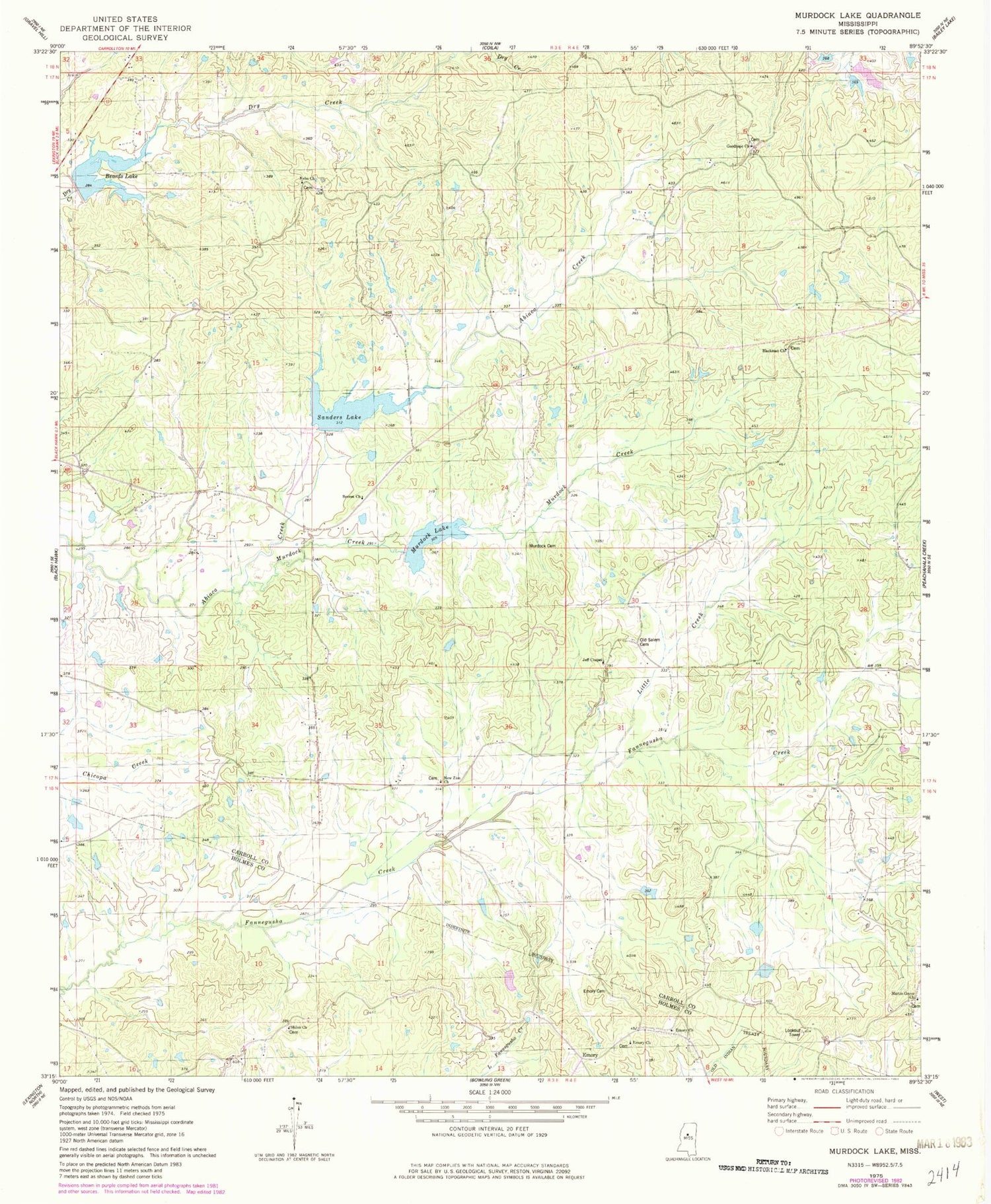 Classic USGS Murdock Lake Mississippi 7.5'x7.5' Topo Map Image