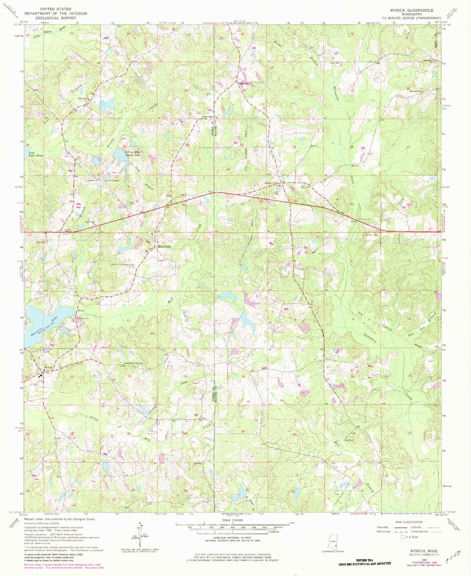 Classic USGS Myrick Mississippi 7.5'x7.5' Topo Map Image