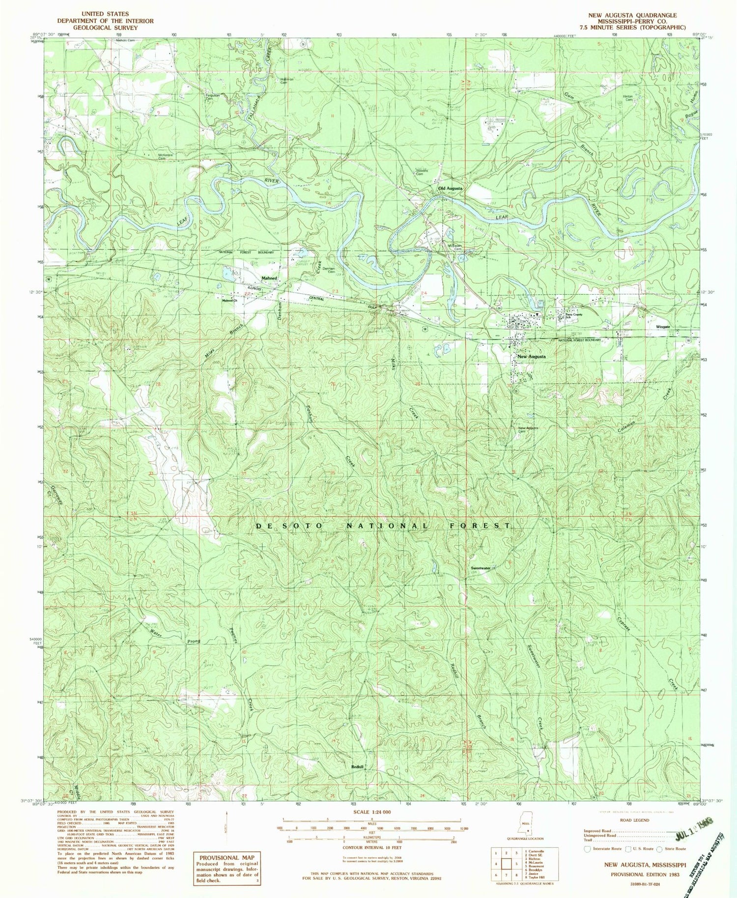 Classic USGS New Augusta Mississippi 7.5'x7.5' Topo Map Image