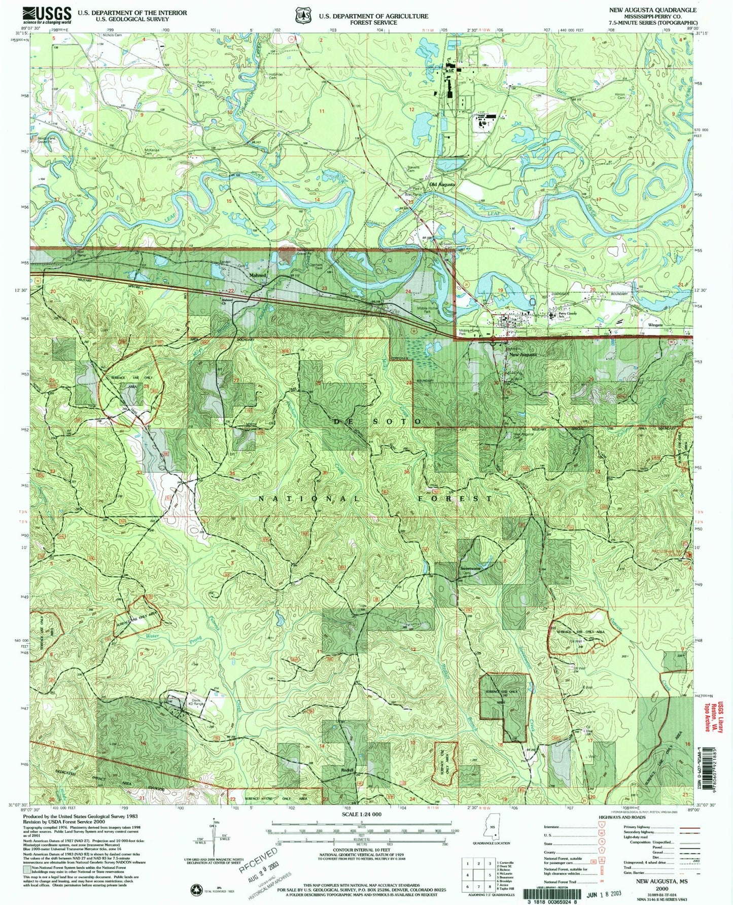 Classic USGS New Augusta Mississippi 7.5'x7.5' Topo Map Image