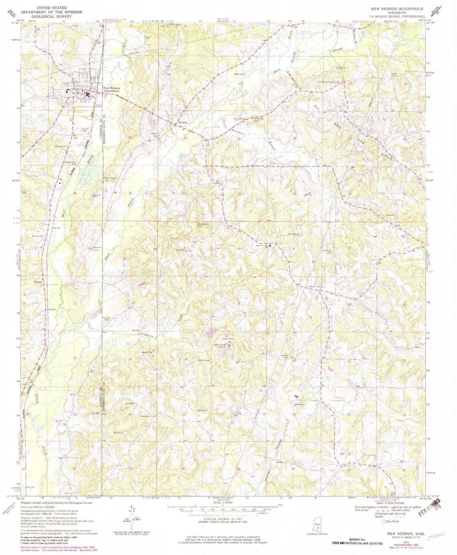Classic USGS New Hebron Mississippi 7.5'x7.5' Topo Map Image