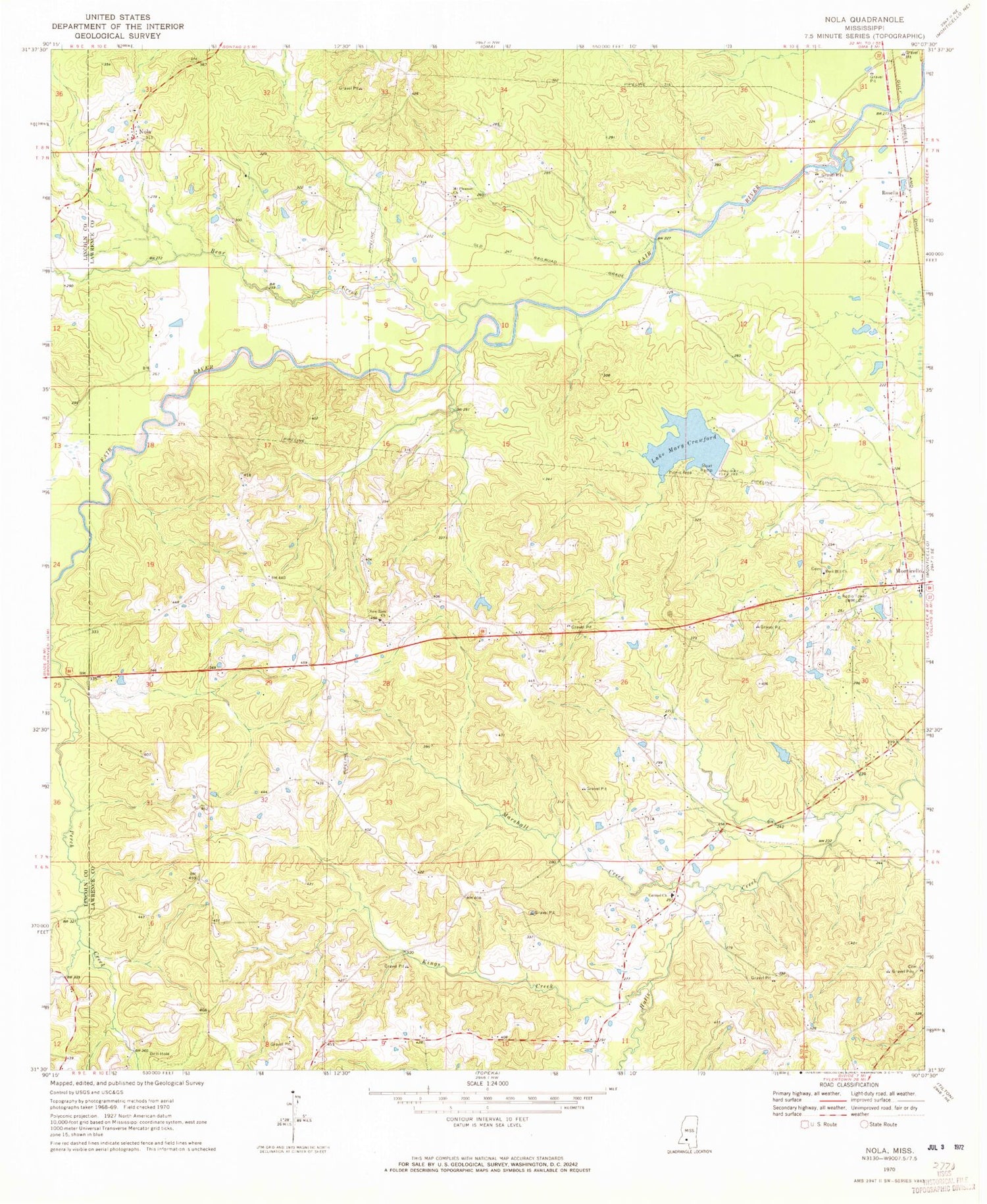 Classic USGS Nola Mississippi 7.5'x7.5' Topo Map Image