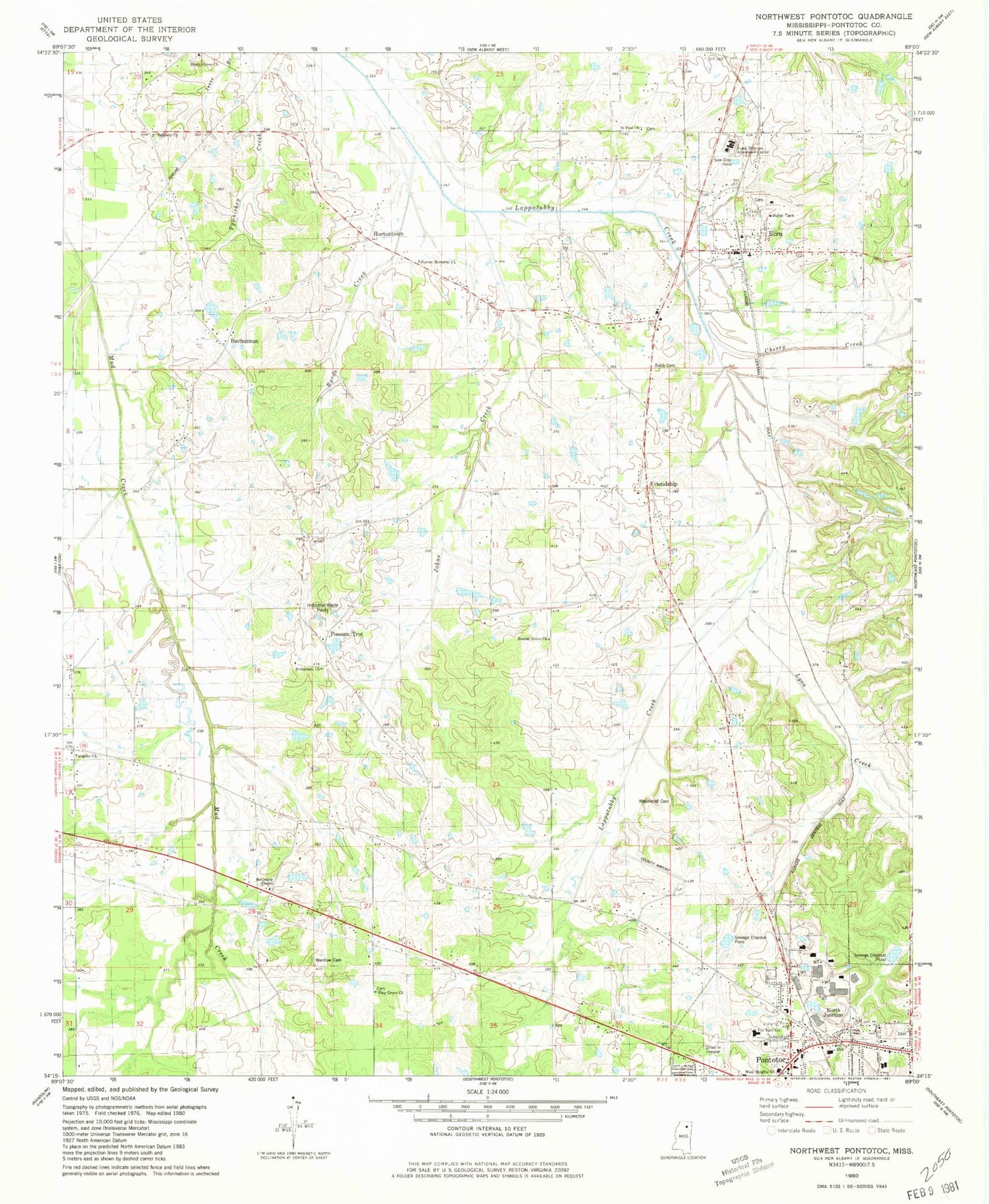 Classic USGS Northwest Pontotoc Mississippi 7.5'x7.5' Topo Map Image