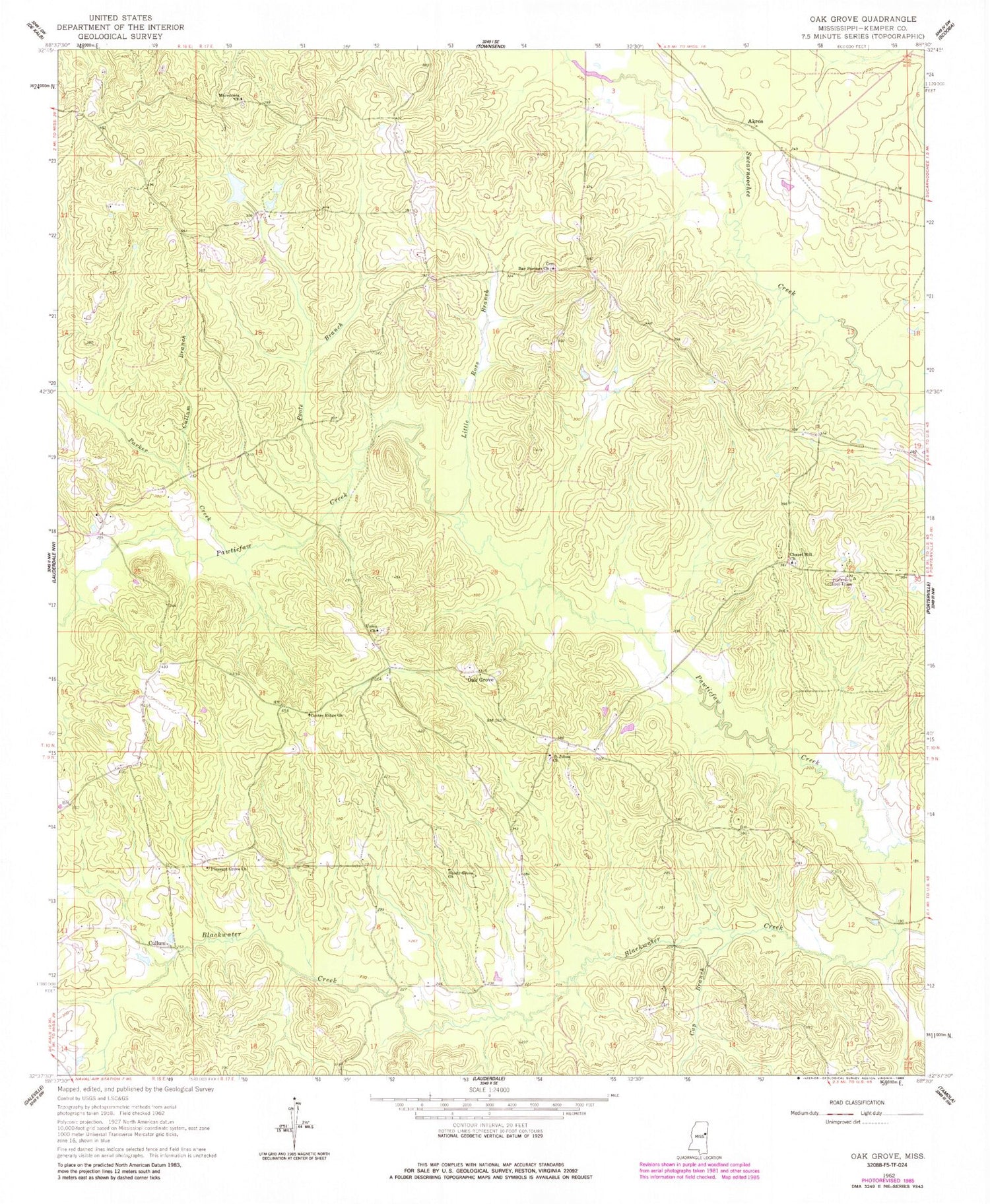 Classic USGS Oak Grove Mississippi 7.5'x7.5' Topo Map Image