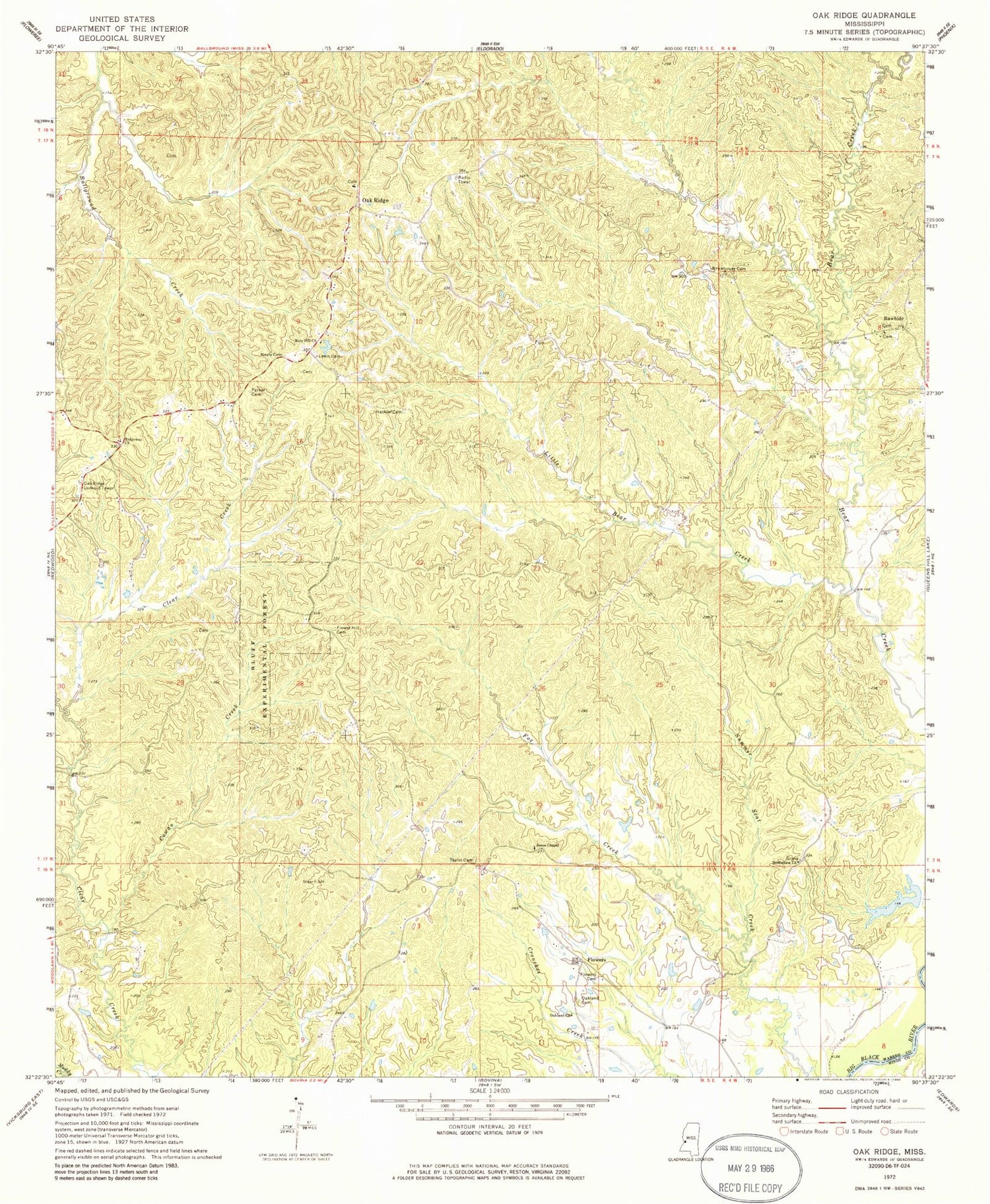 Classic USGS Oak Ridge Mississippi 7.5'x7.5' Topo Map Image