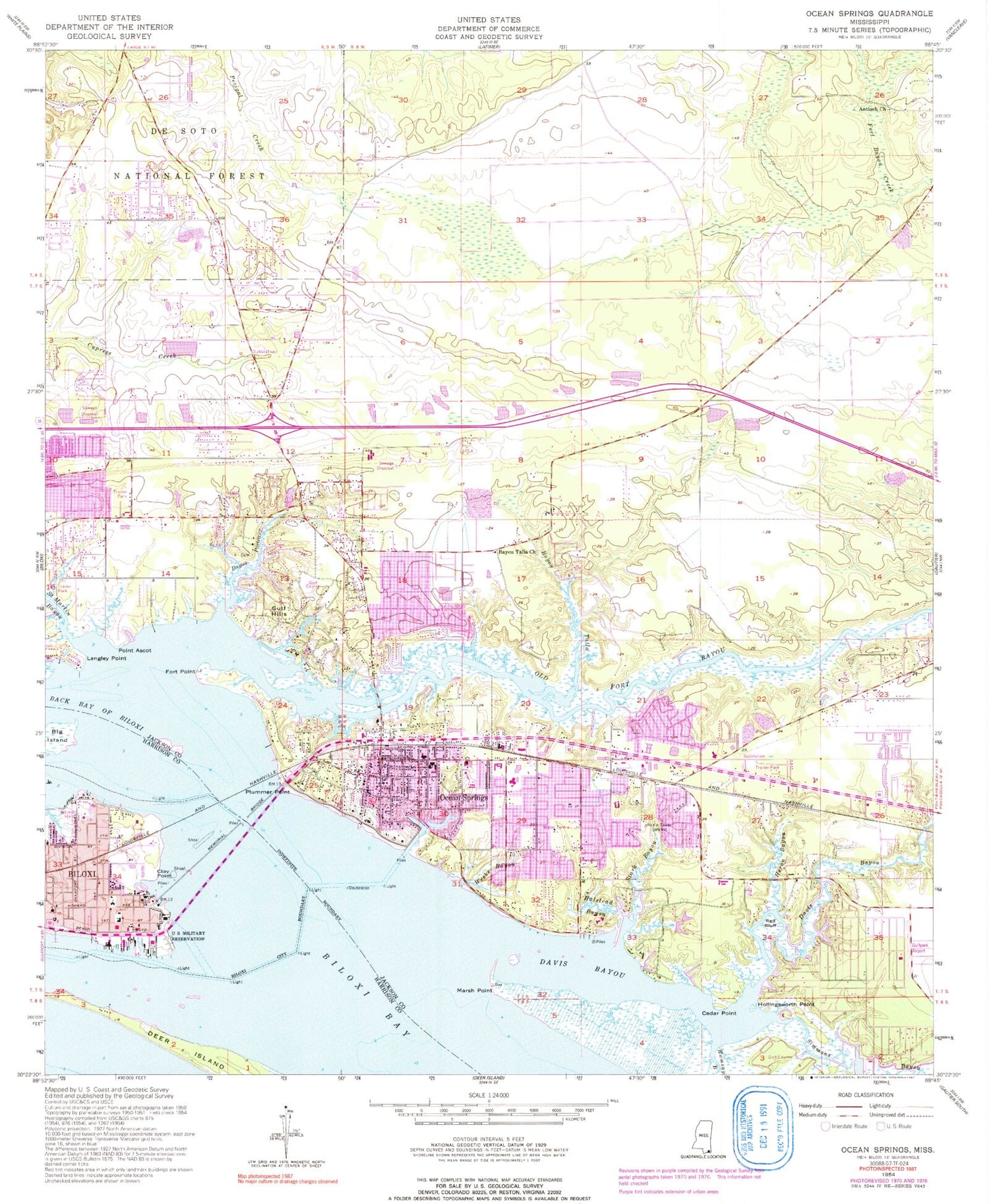 Classic USGS Ocean Springs Mississippi 7.5'x7.5' Topo Map Image