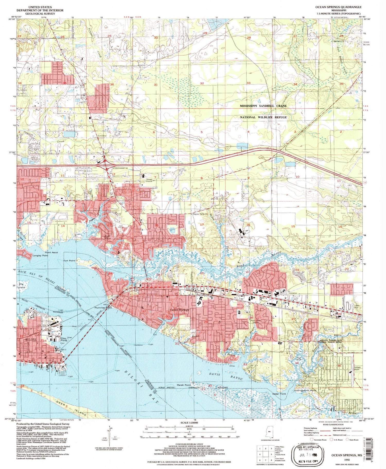 Classic USGS Ocean Springs Mississippi 7.5'x7.5' Topo Map Image